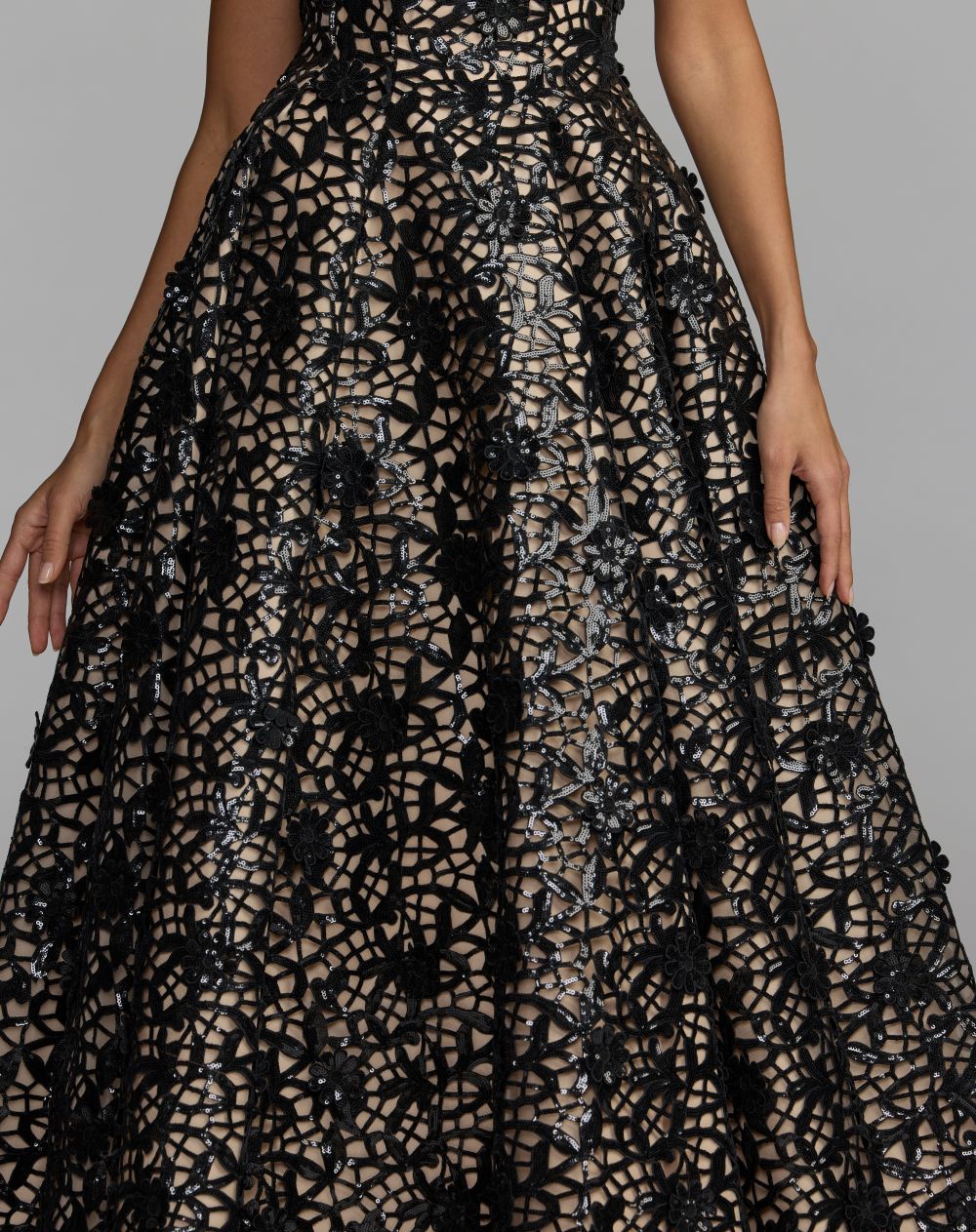 Black Nude Sequin Floral Lace Strapless Ball Gown - Mac Duggal