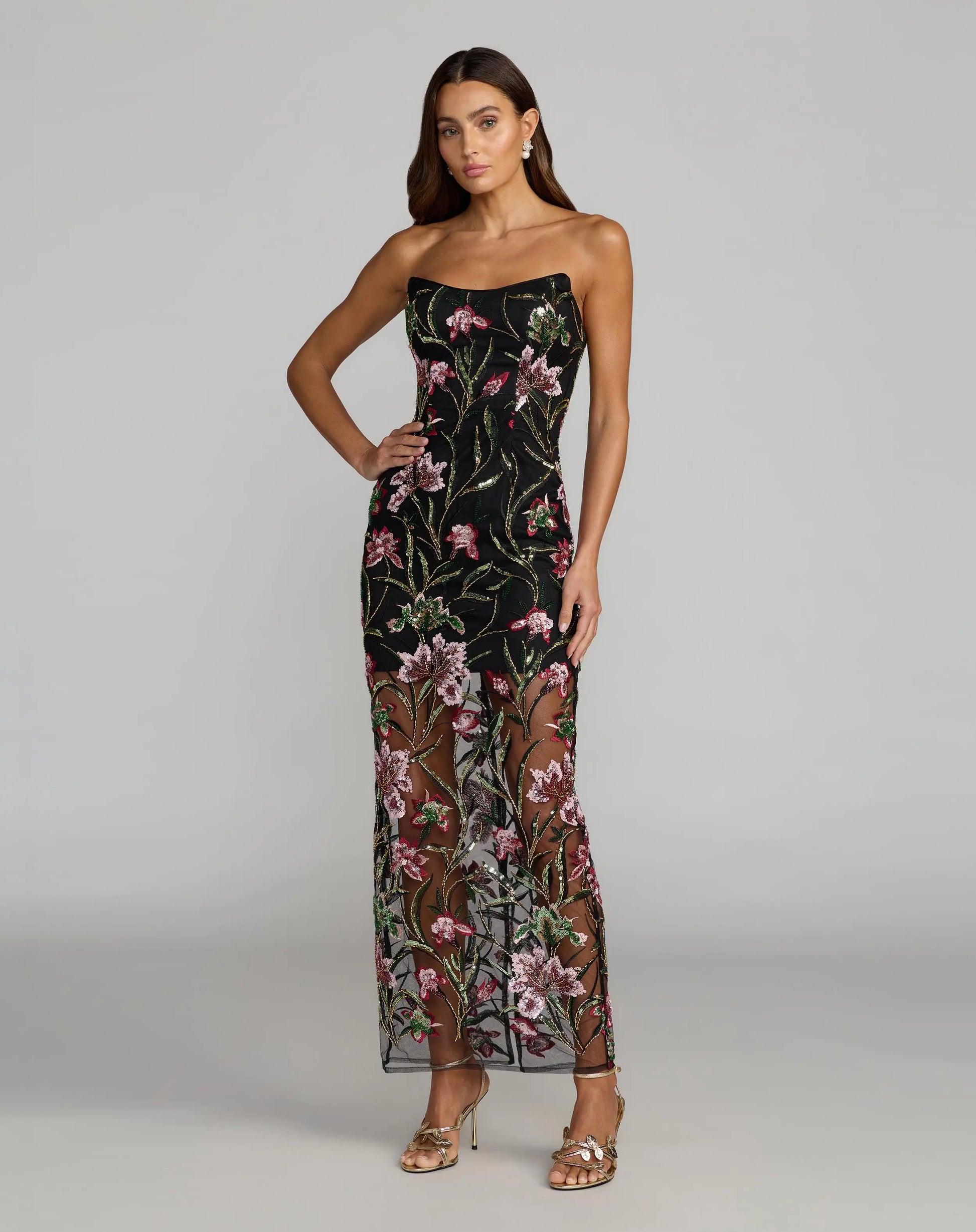 Black Strapless Floral Embroidered Maxi Dress  - Ieena for Mac Duggal