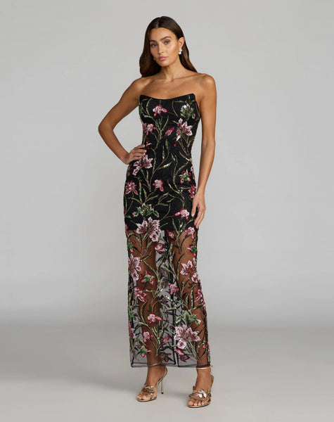 strapless black dress with floral design sfuzi Embroidered Column Blue Swirl Pattern 3/4 CRYSTAL-BEADED The ASOS DESIGN bandeau SIZE:Ted Size 2 (UK 10/US 6)