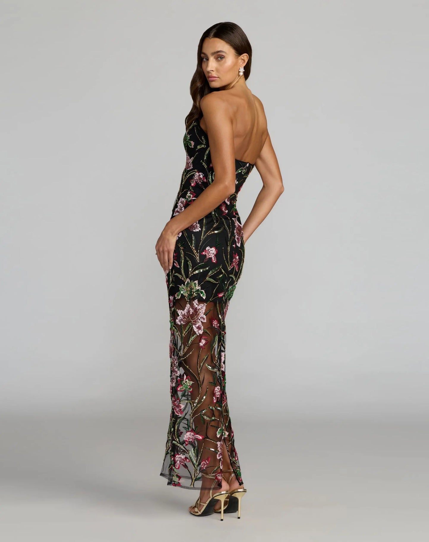 Black Strapless Floral Embroidered Maxi Dress  - Ieena for Mac Duggal