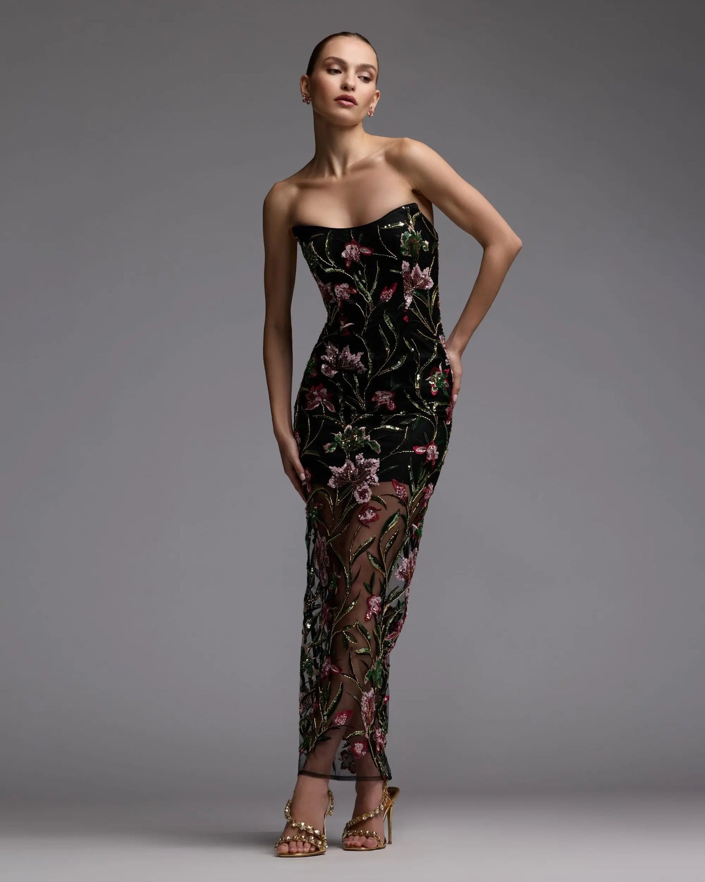Black Strapless Floral Embroidered Maxi Dress  - Ieena for Mac Duggal