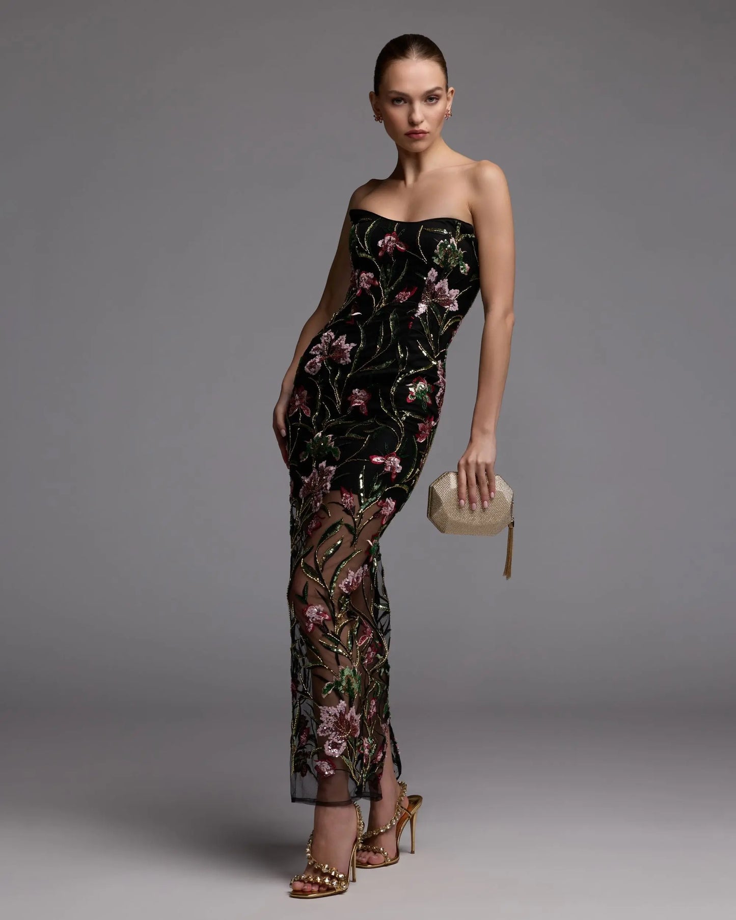 Black Strapless Floral Embroidered Column Dress