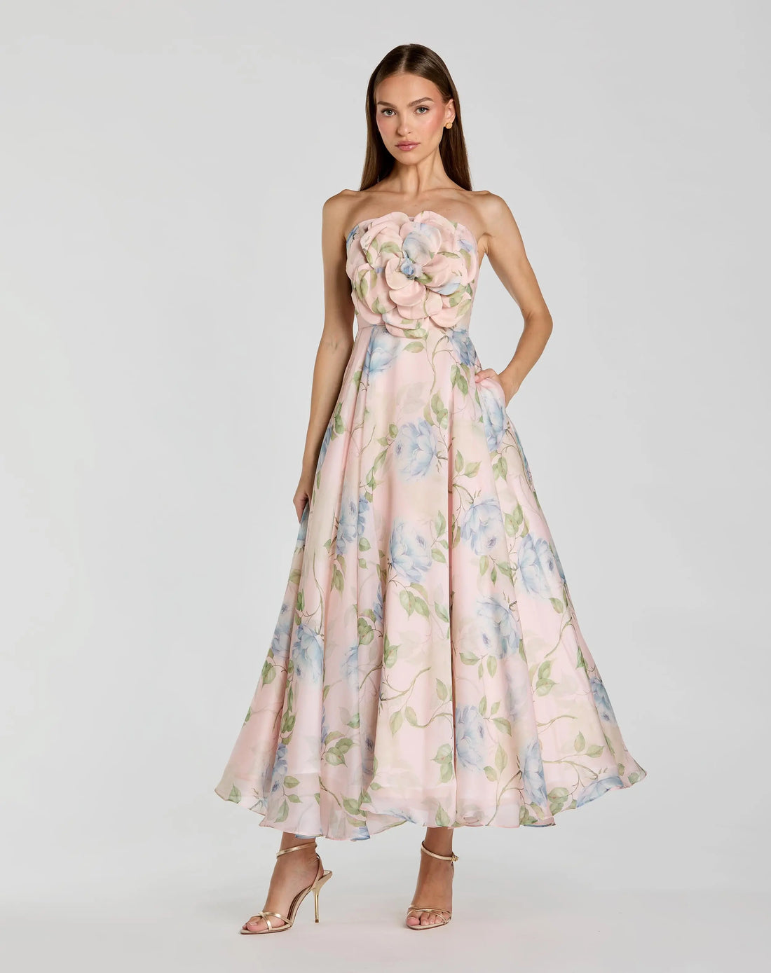 Mac Duggal Women's Strapless Floral Organza Midi Dress With Flower - Blue - Size 12 - Powder Blue Multi Mac Duggal Women's Strapless Floral Organza Midi Dress With Flower - Blue - Size 12 - Powder Blue Multi