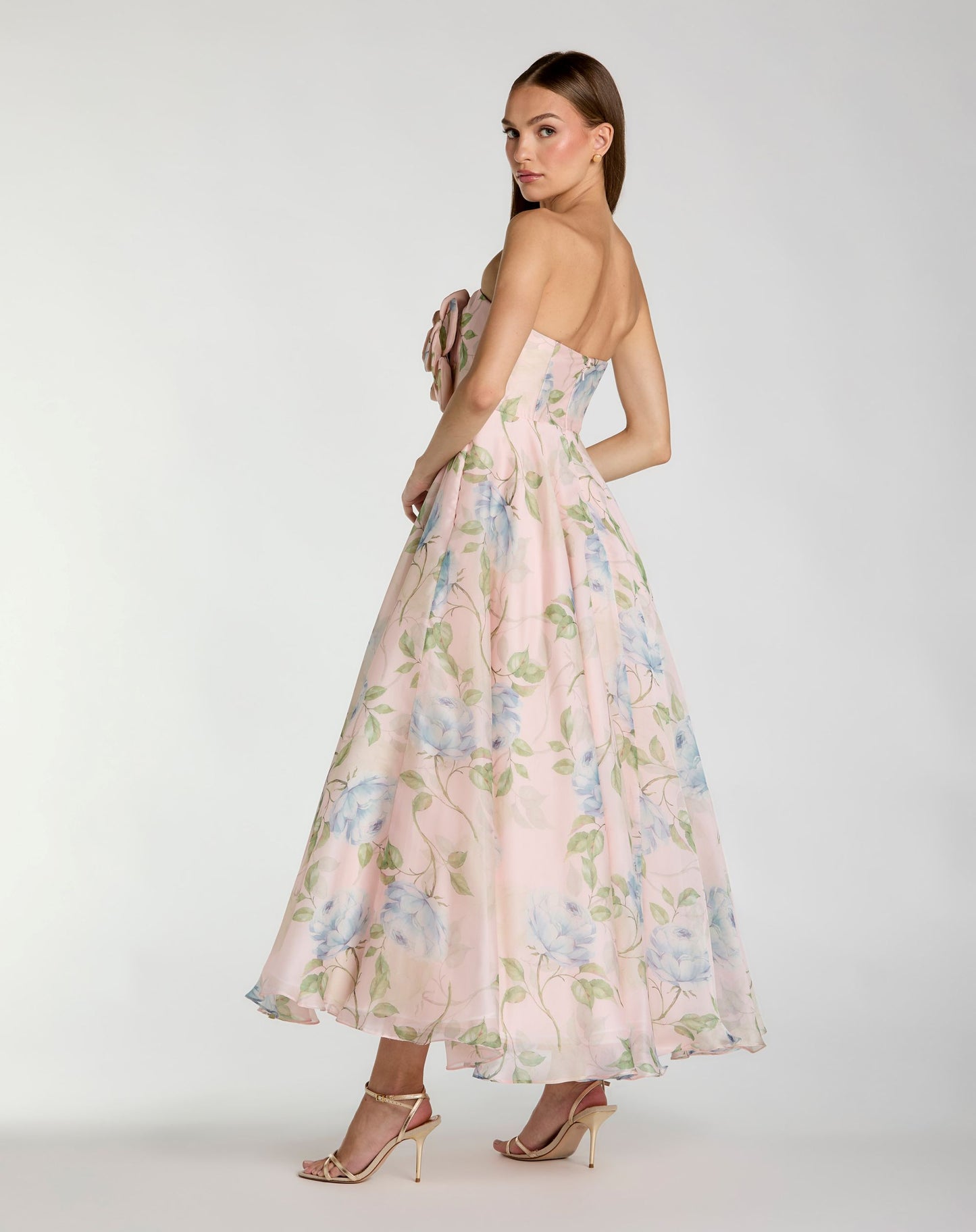 Pink Strapless Floral Organza Midi Dress With Flower - Ieena for Mac Duggal