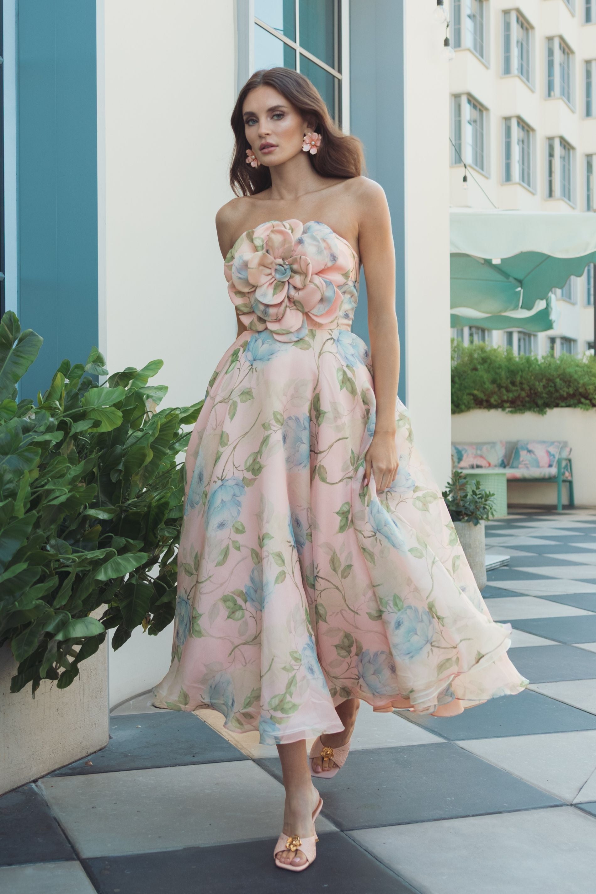 Pink Strapless Floral Organza Midi Dress With Flower - Ieena for Mac Duggal