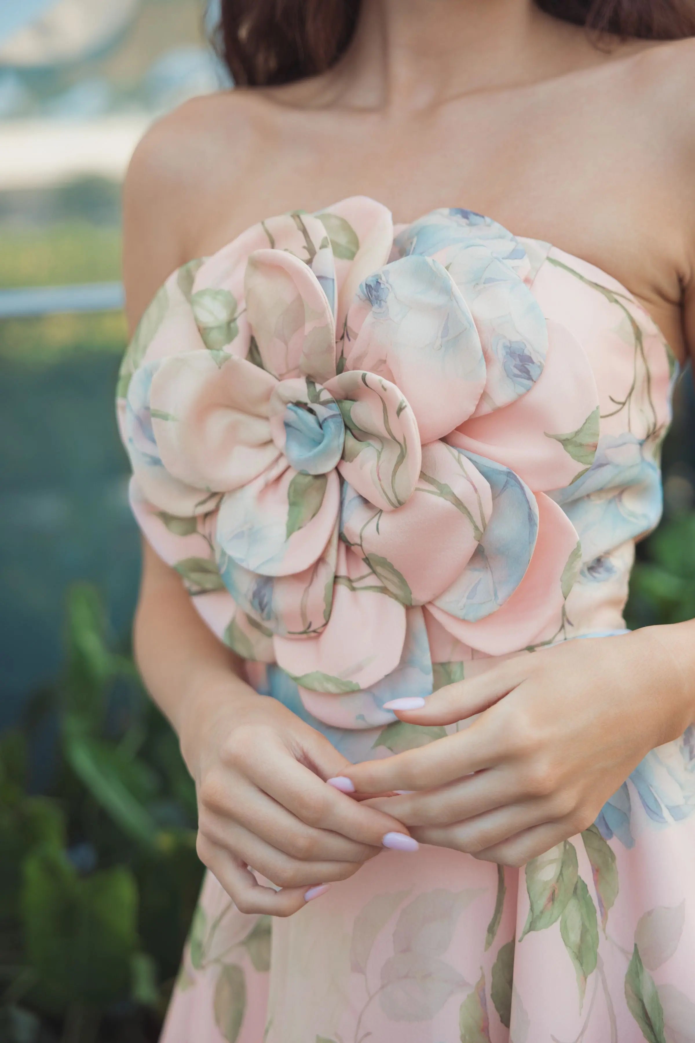 Pink Strapless Floral Organza Midi Dress With Flower - Ieena for Mac Duggal