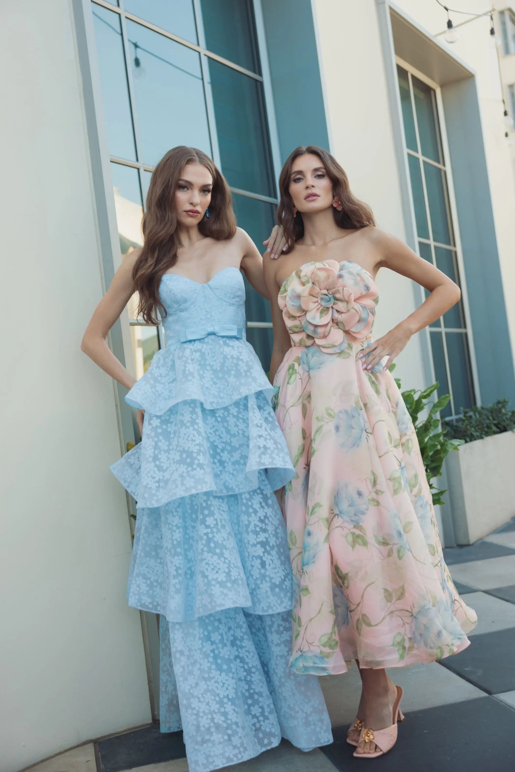 Pink Strapless Floral Organza Midi Dress With Flower - Ieena for Mac Duggal