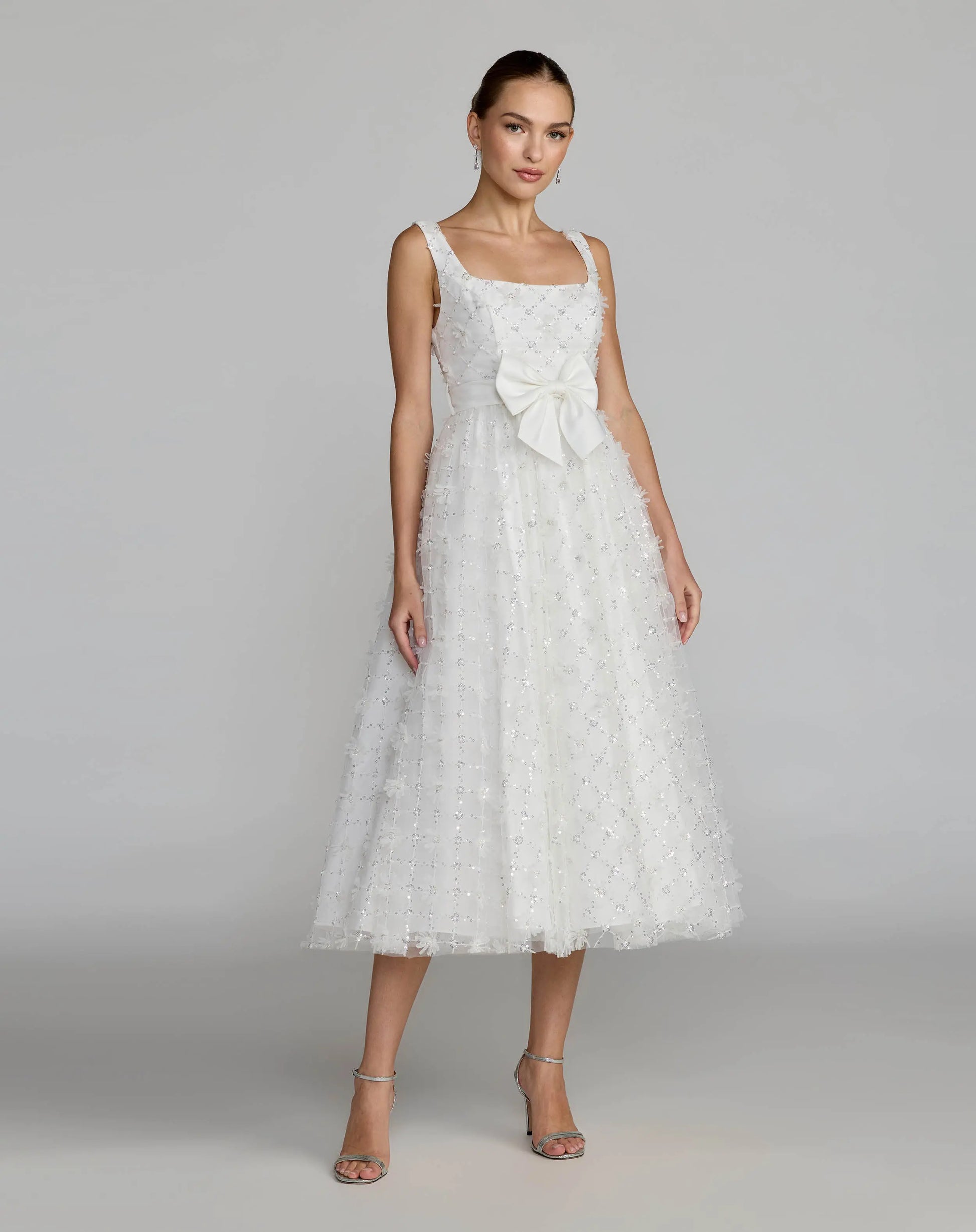 White Embellished Tulle Midi Dress with Satin Bow | Mac Duggal White Embellished Tulle Midi Dress with Satin Bow | Mac Duggal
