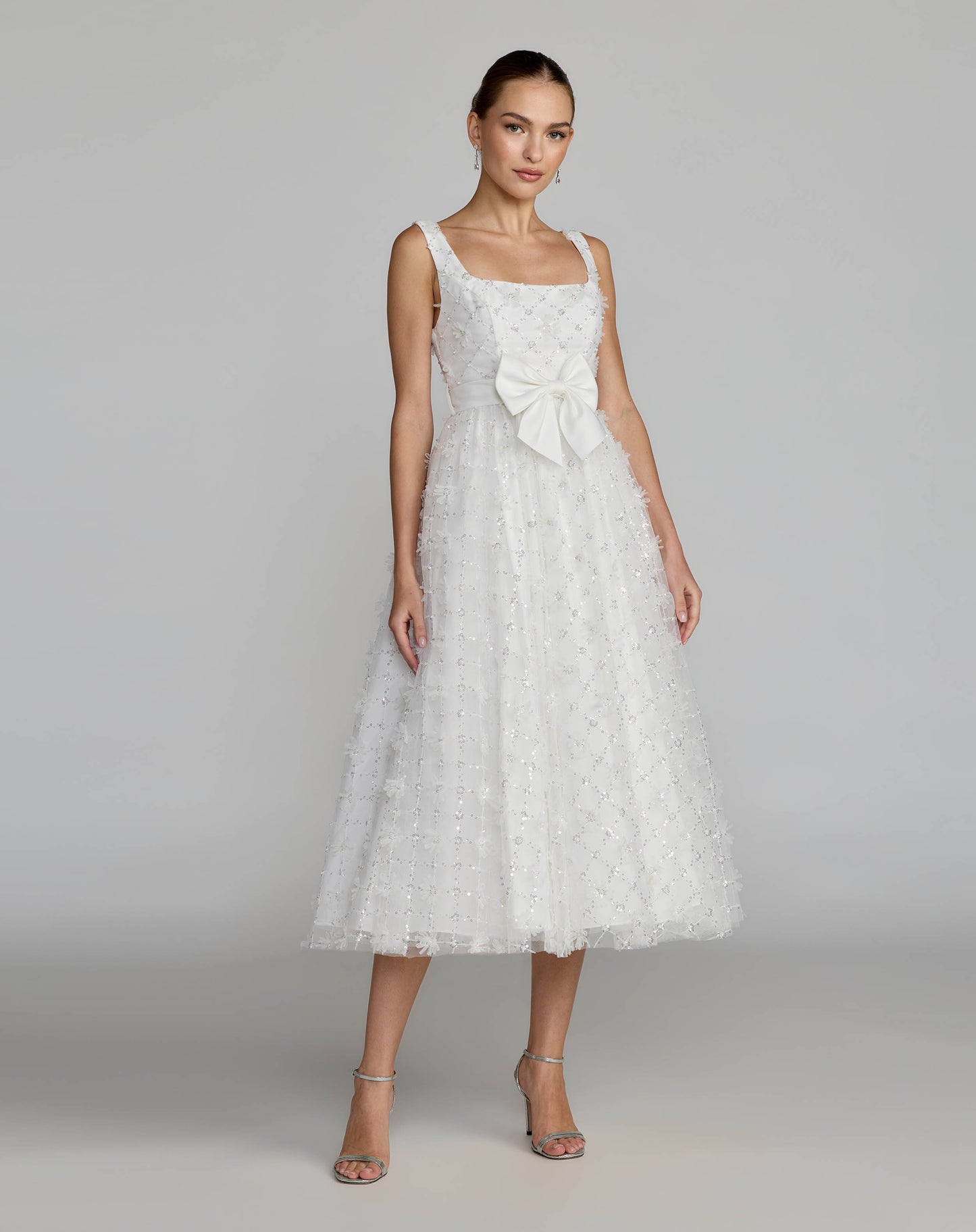 White Embellished Tulle Midi Dress with Satin Bow - Ieena for Mac Duggal