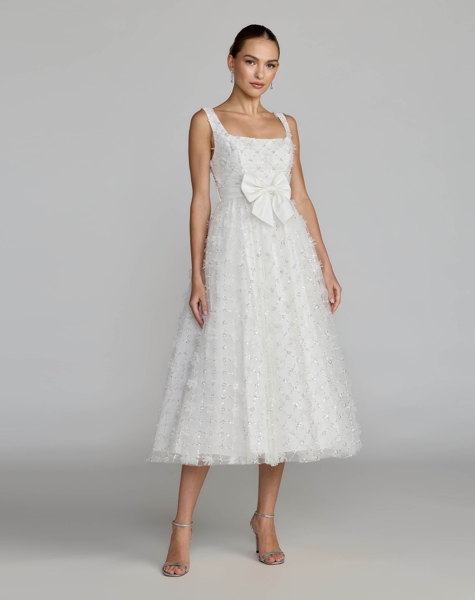 White Embellished Tulle Midi Dress with Satin Bow - Ieena for Mac Duggal