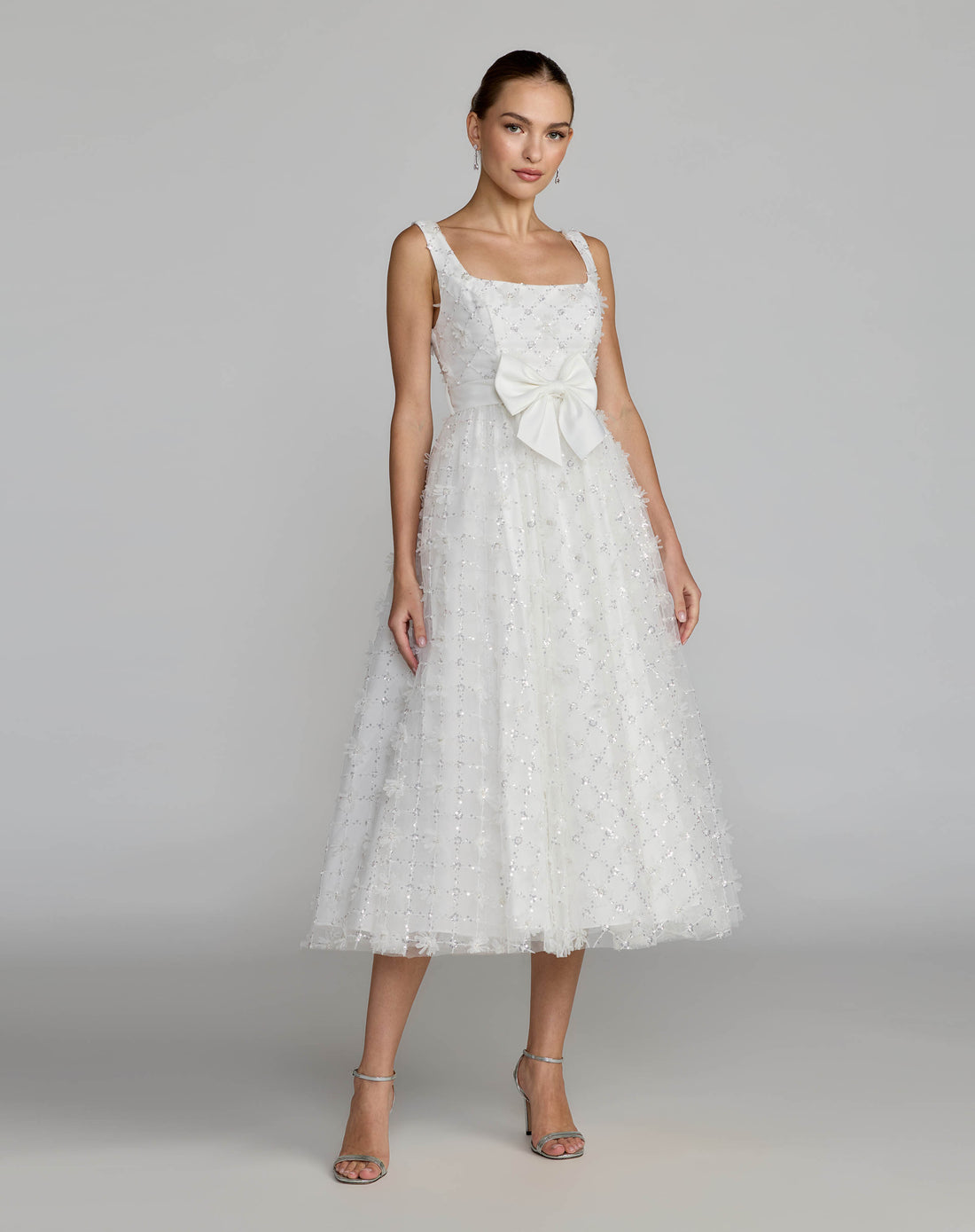 White Embellished Tulle Midi Dress with Satin Bow - Ieena for Mac Duggal