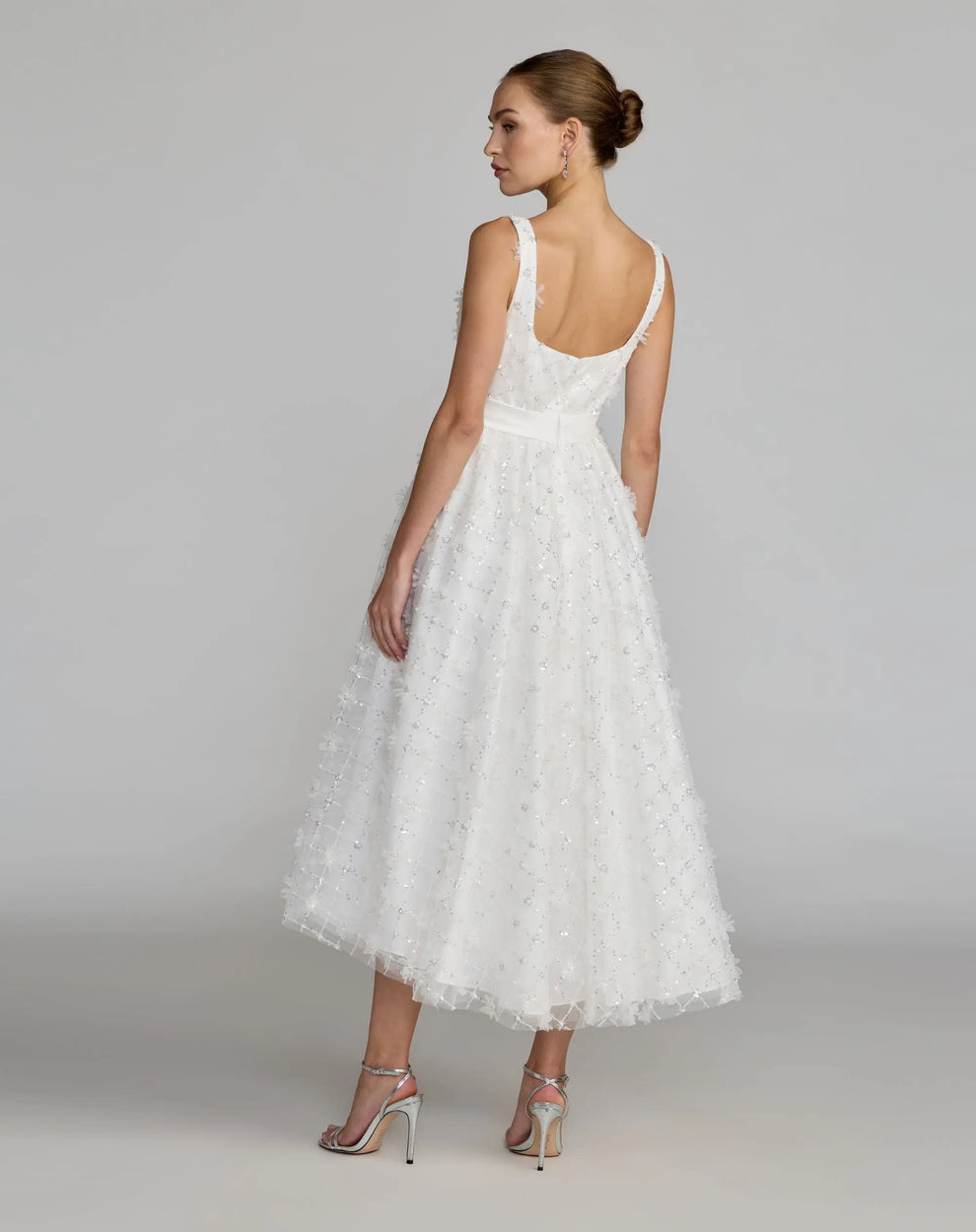 White Embellished Tulle Midi Dress with Satin Bow