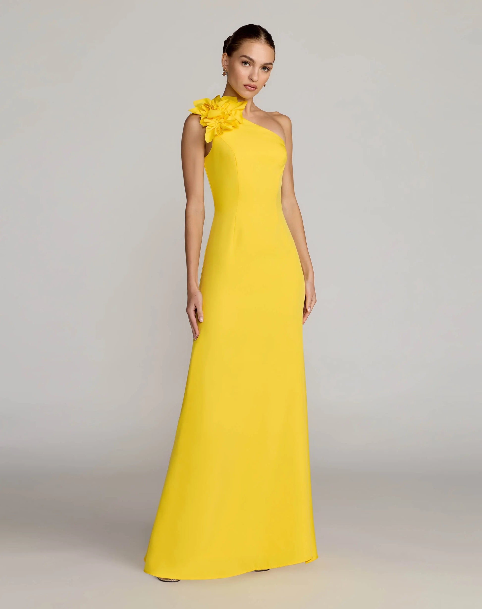 Yellow One Shoulder Crepe Gown with 3D Flower | Mac Duggal Yellow One Shoulder Crepe Gown with 3D Flower | Mac Duggal