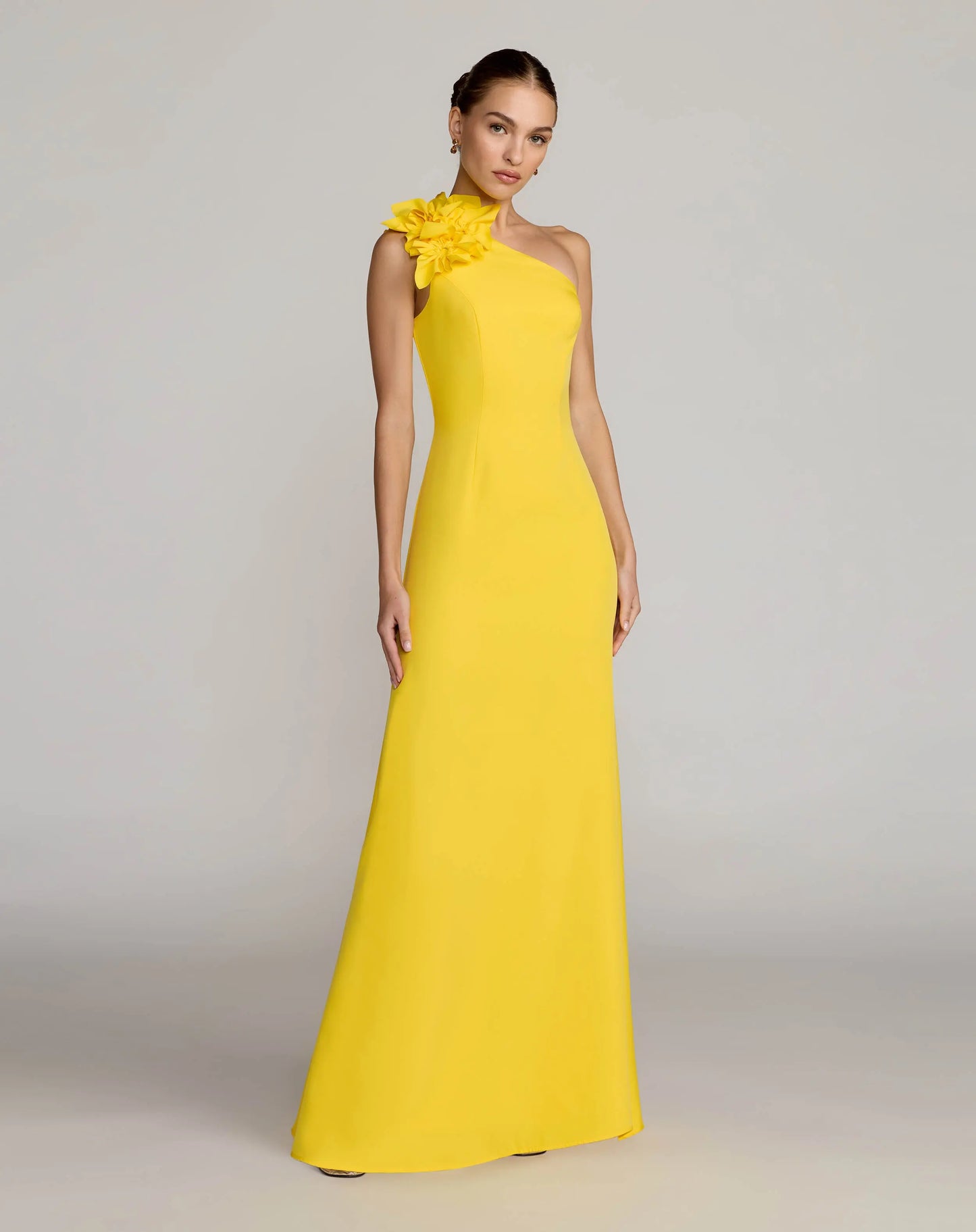 Yellow One Shoulder Crepe Gown with 3D Flower Ieena for Mac Duggal