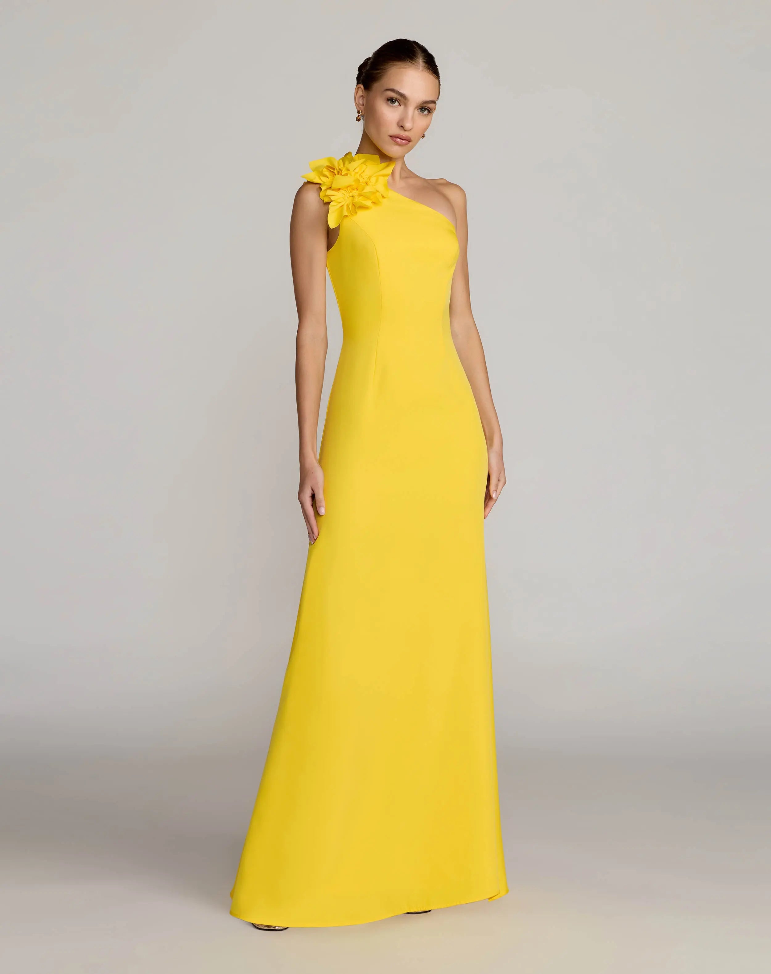 Yellow One Shoulder Crepe Gown with 3D Flower Ieena for Mac Duggal