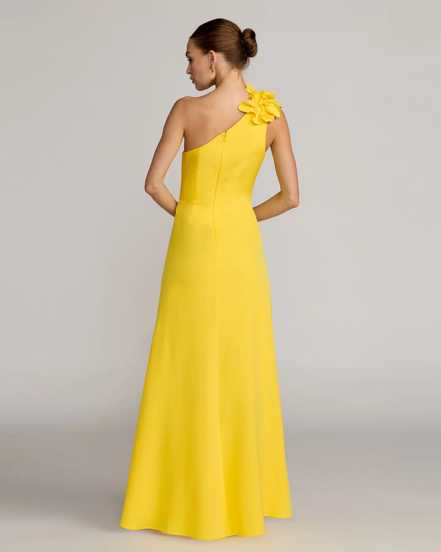 Yellow One Shoulder Crepe Gown with 3D Flower Ieena for Mac Duggal