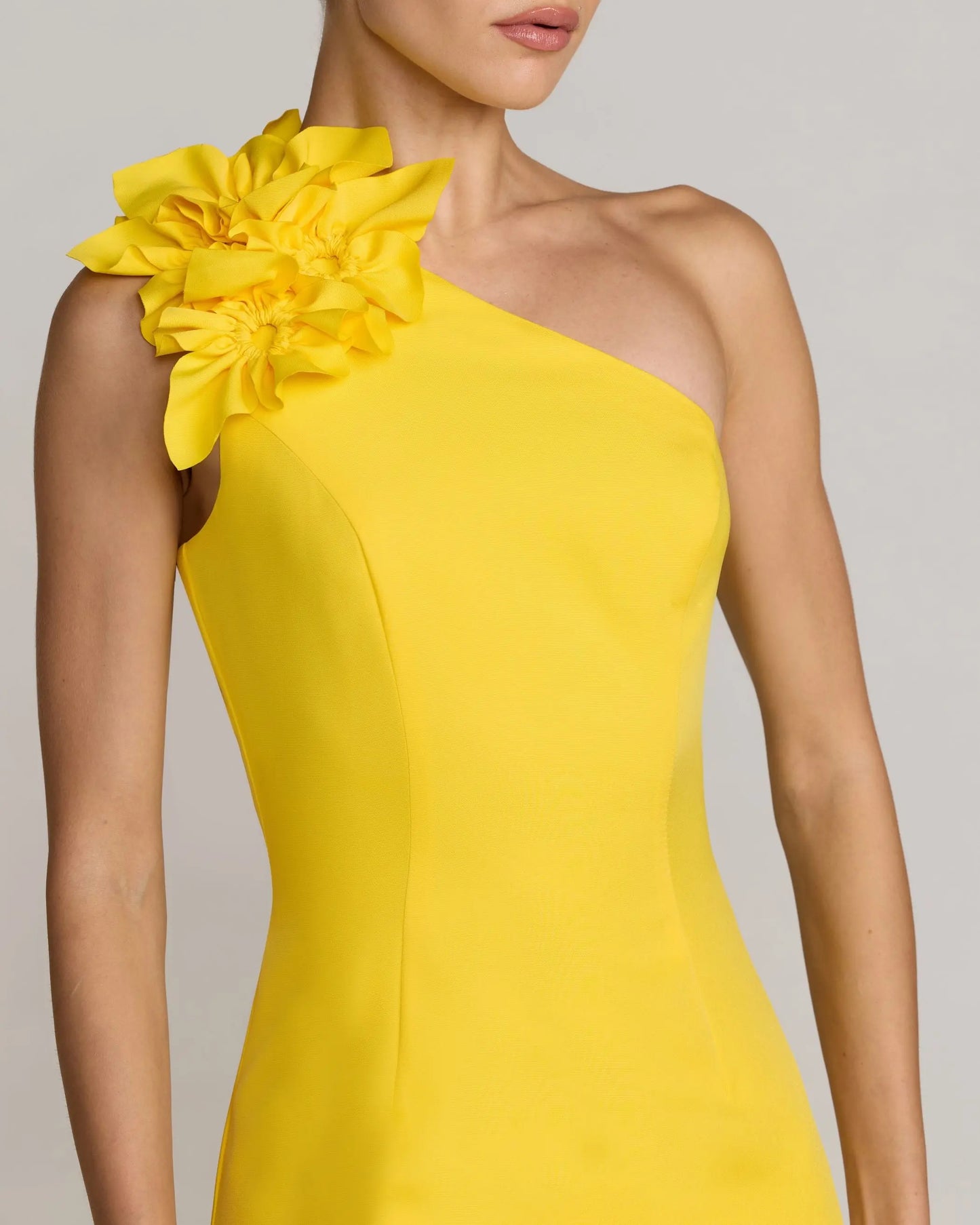 Yellow One Shoulder Crepe Gown with 3D Flower Ieena for Mac Duggal