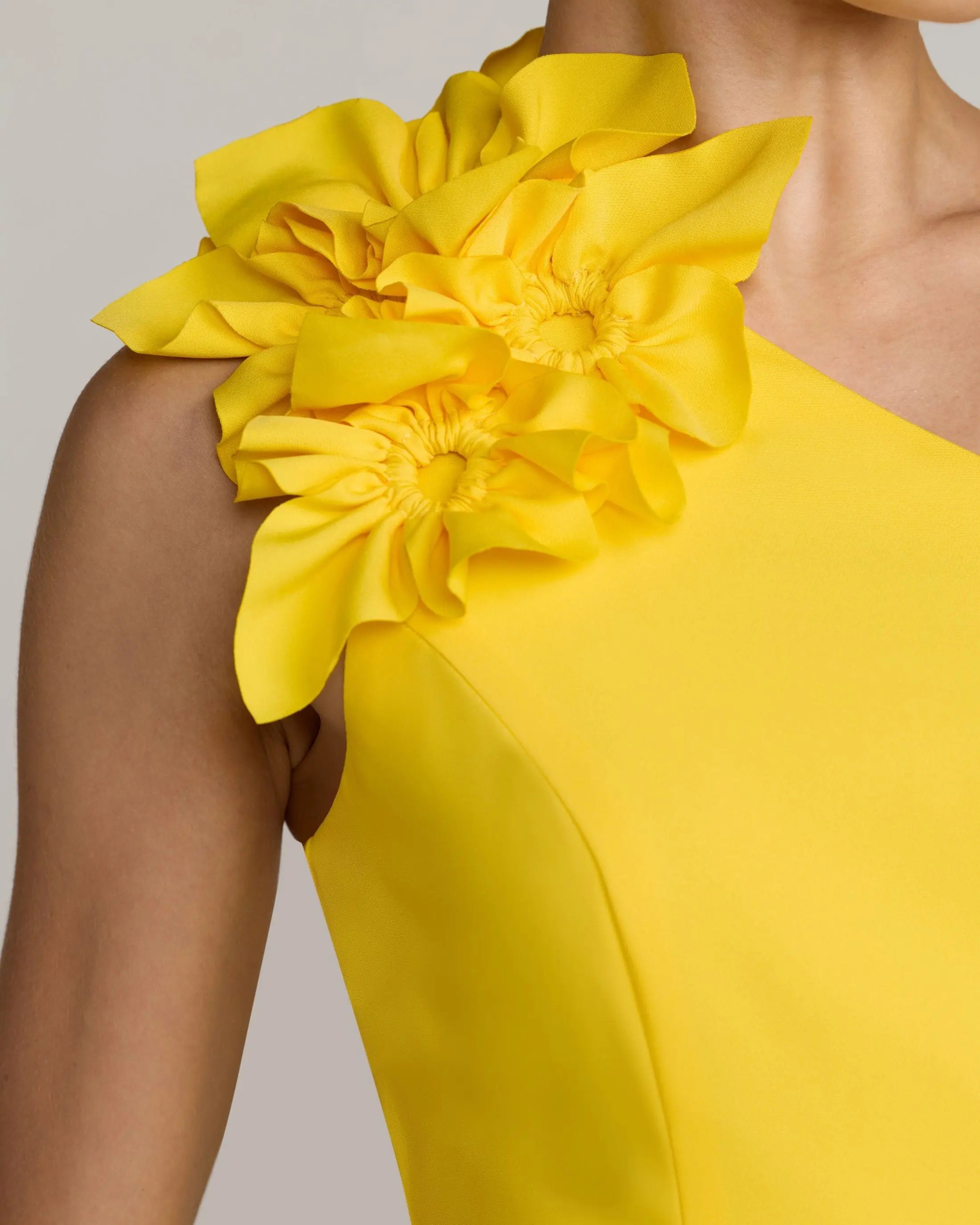 Yellow One Shoulder Crepe Gown with 3D Flower Ieena for Mac Duggal