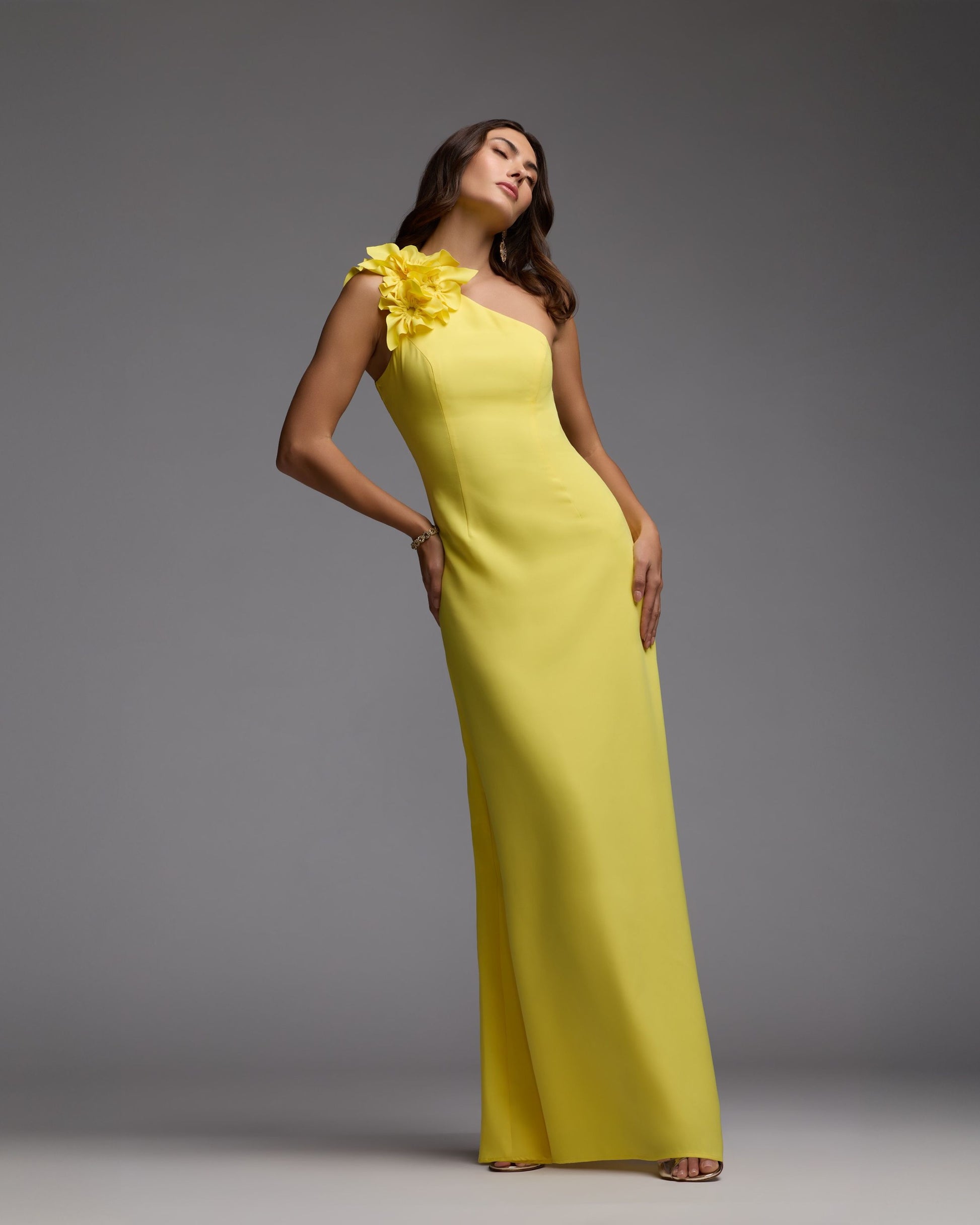 Yellow One Shoulder Crepe Gown with 3D Flower | Mac Duggal Yellow One Shoulder Crepe Gown with 3D Flower | Mac Duggal
