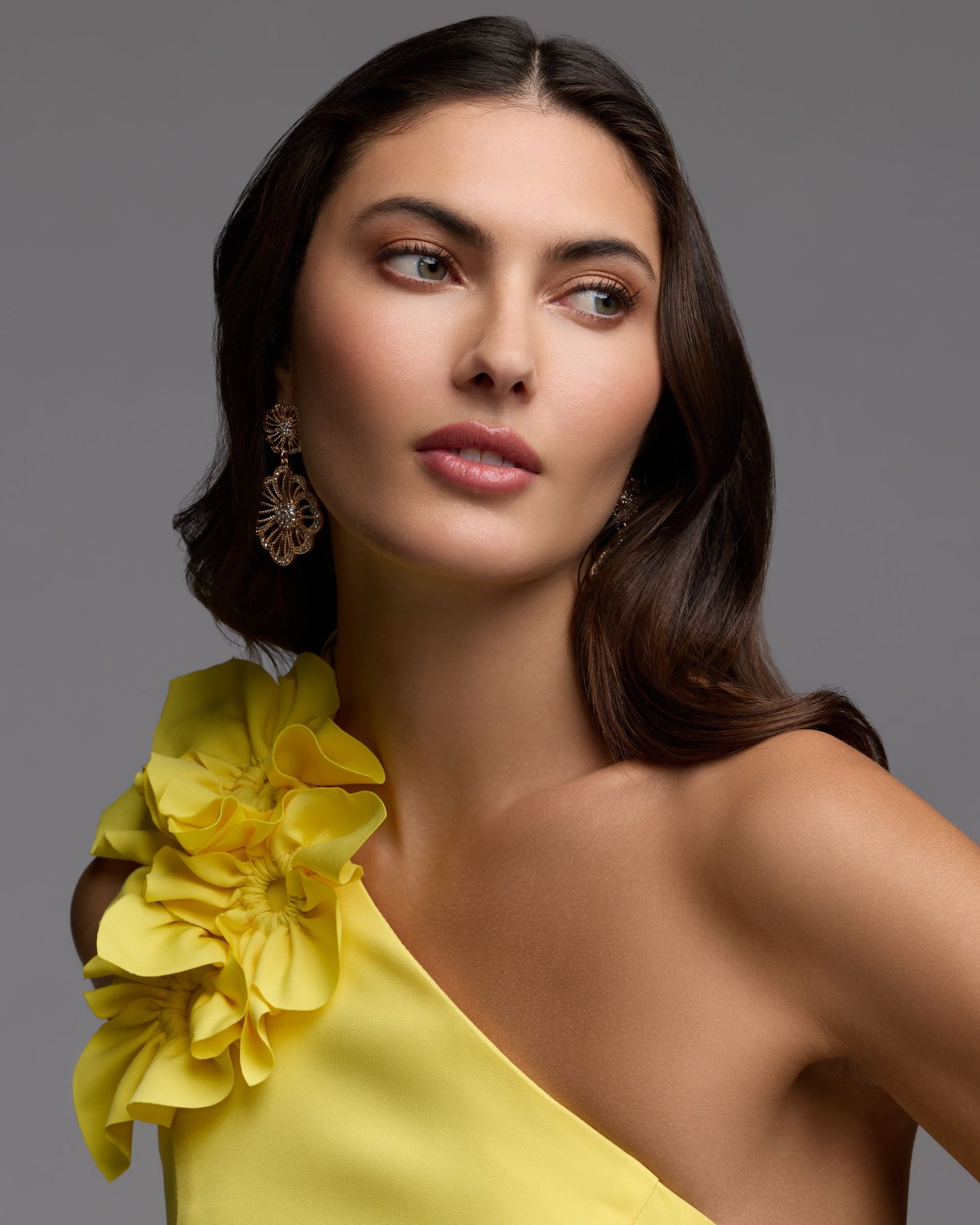Yellow One Shoulder Crepe Gown with 3D Flower Ieena for Mac Duggal