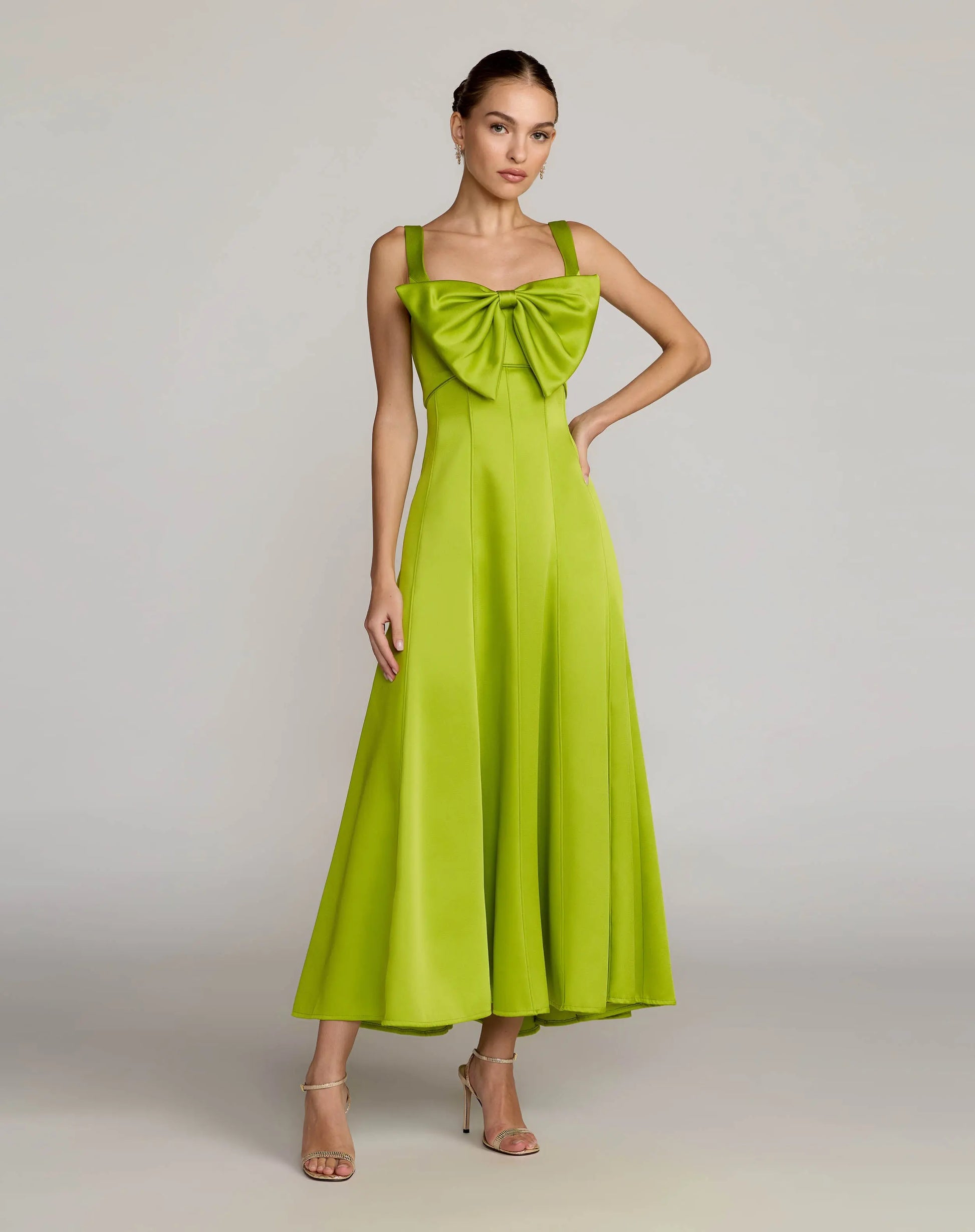 Green Sleeveless Satin Midi Dress With Bow Detail - Ieena for Mac Duggal