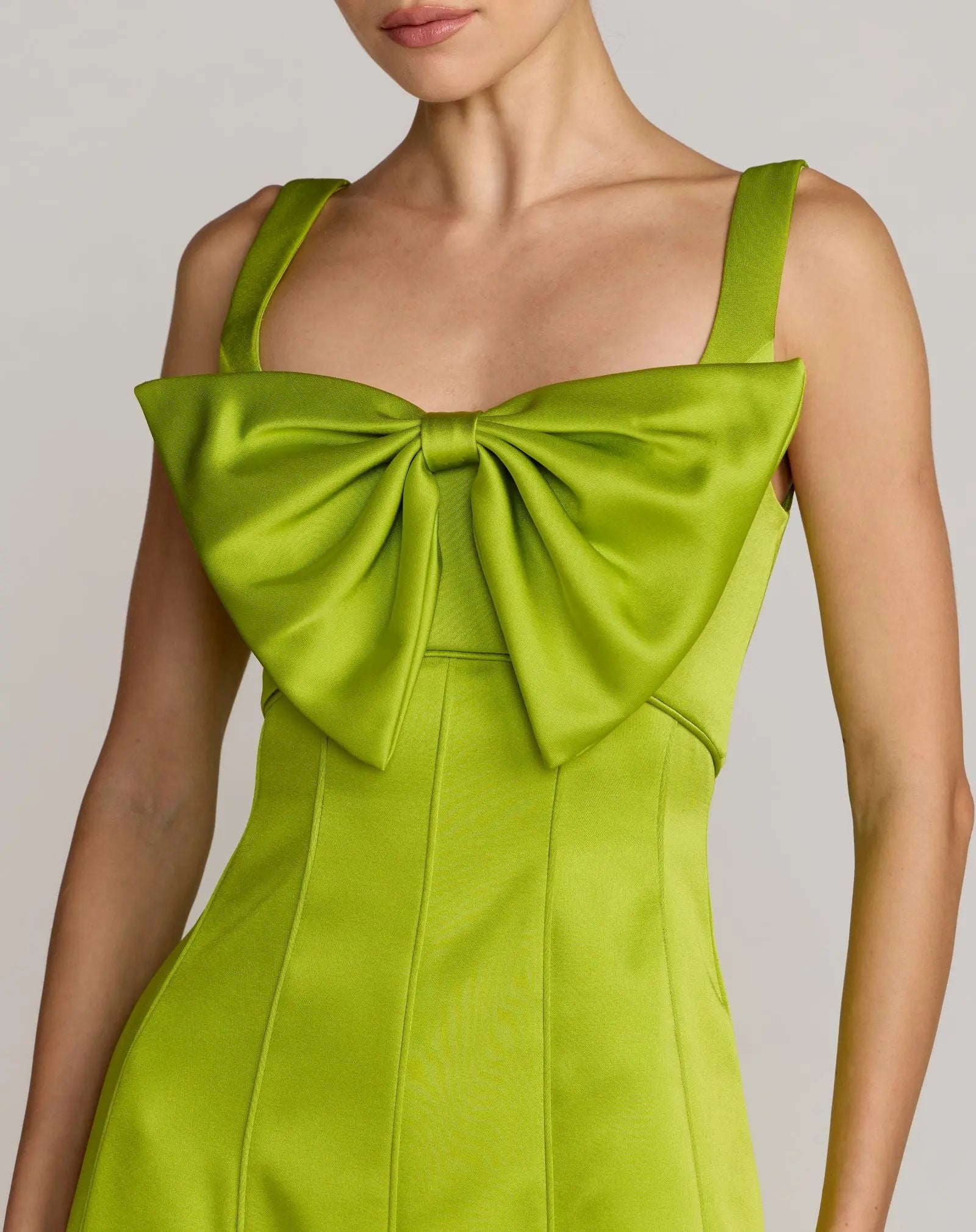 Green Sleeveless Satin Midi Dress With Bow Detail | Mac Duggal Green Sleeveless Satin Midi Dress With Bow Detail | Mac Duggal