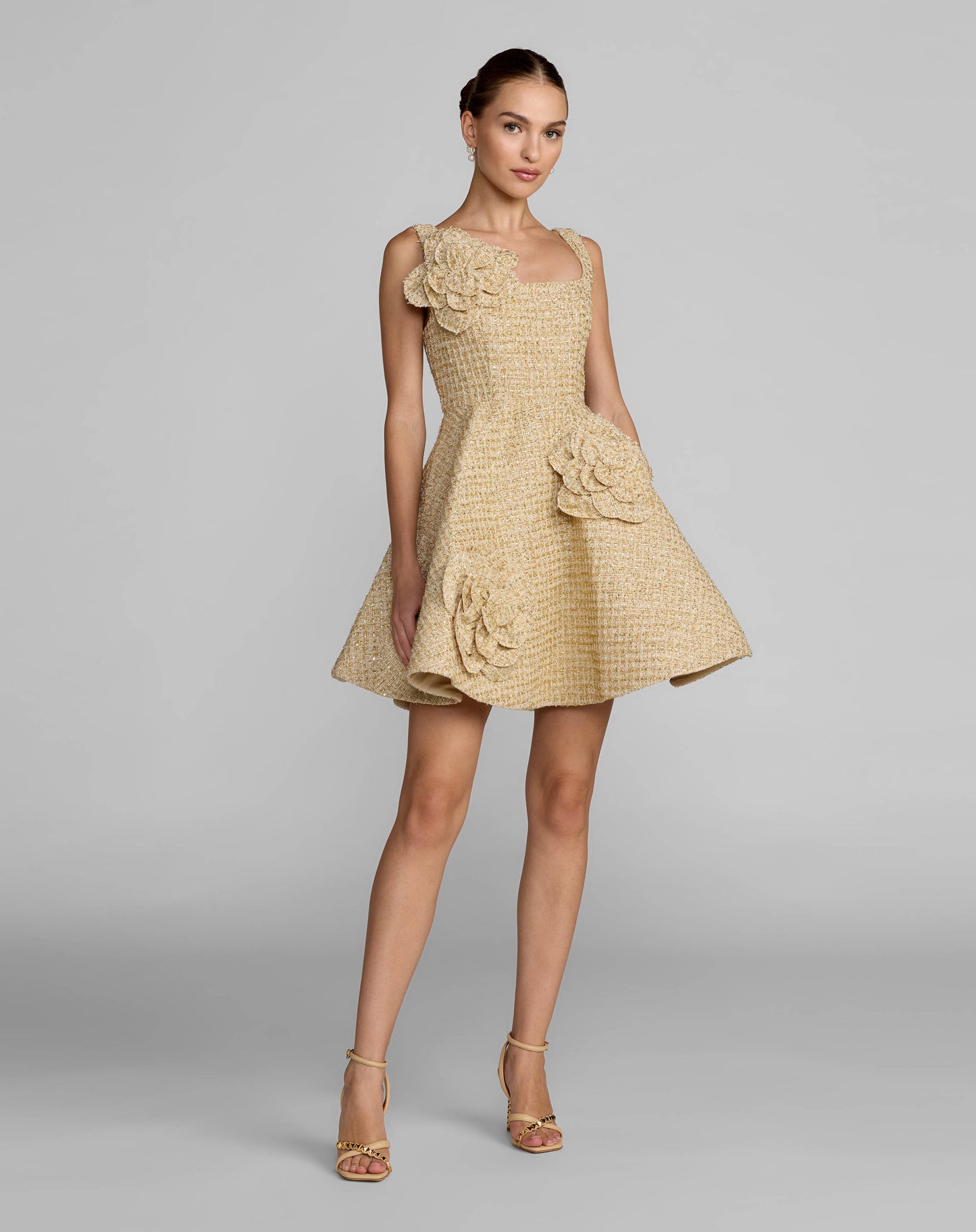 Gold Boucle Floral Applique Mini Dress With Pockets Ieena for Mac Duggal