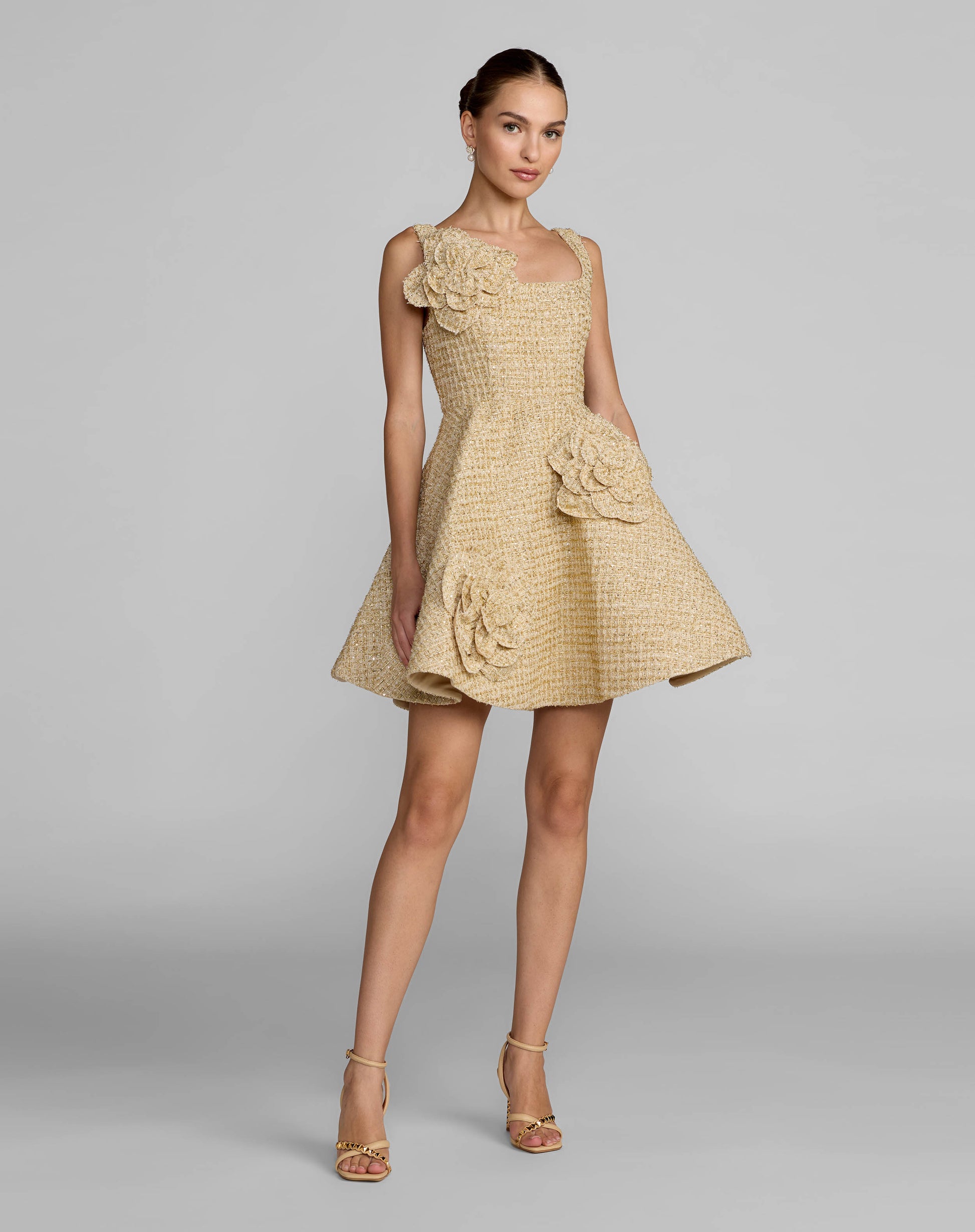 Gold Boucle Floral Applique Mini Dress With Pockets Ieena for Mac Duggal