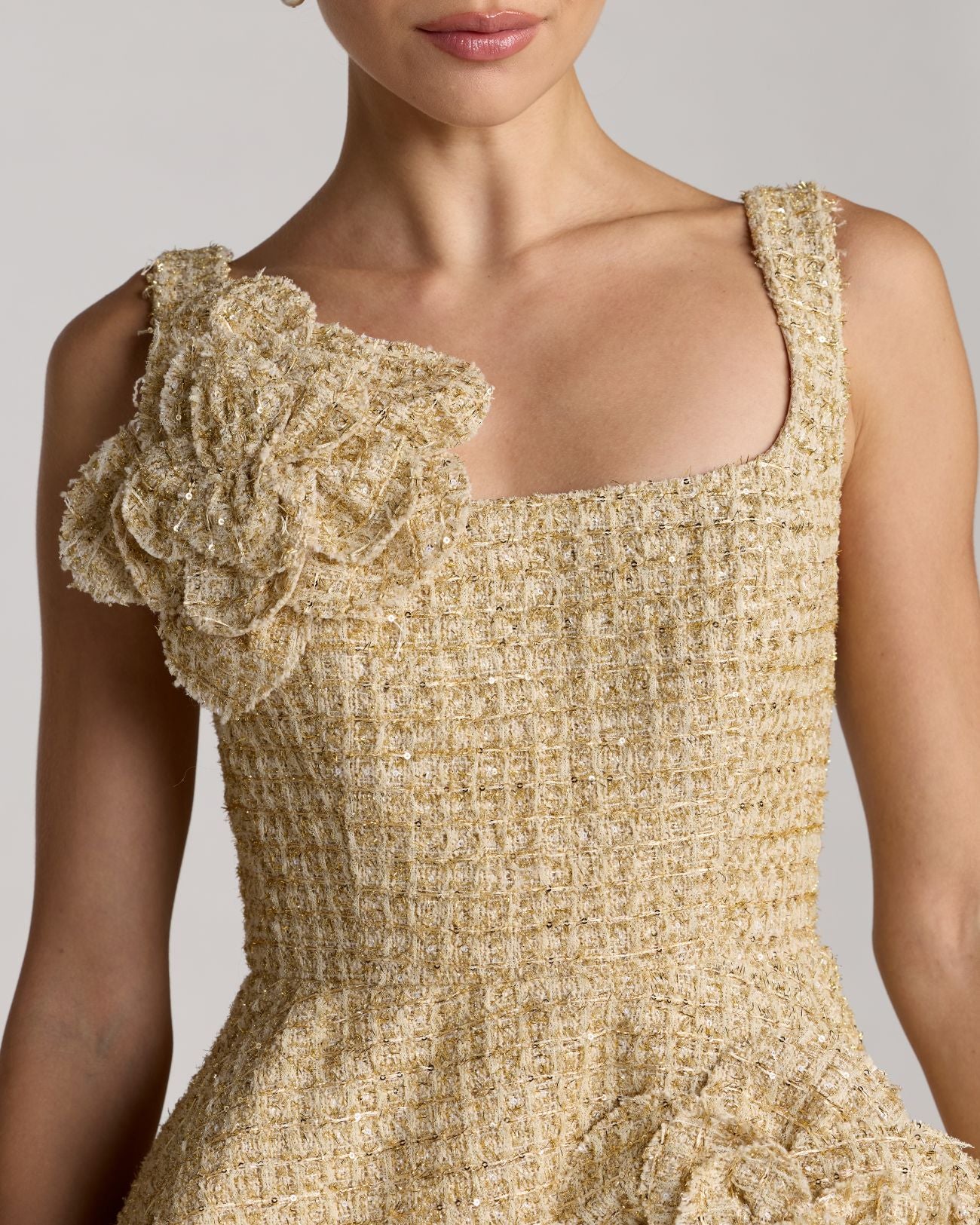 Gold Boucle Floral Applique Mini Dress With Pockets Ieena for Mac Duggal