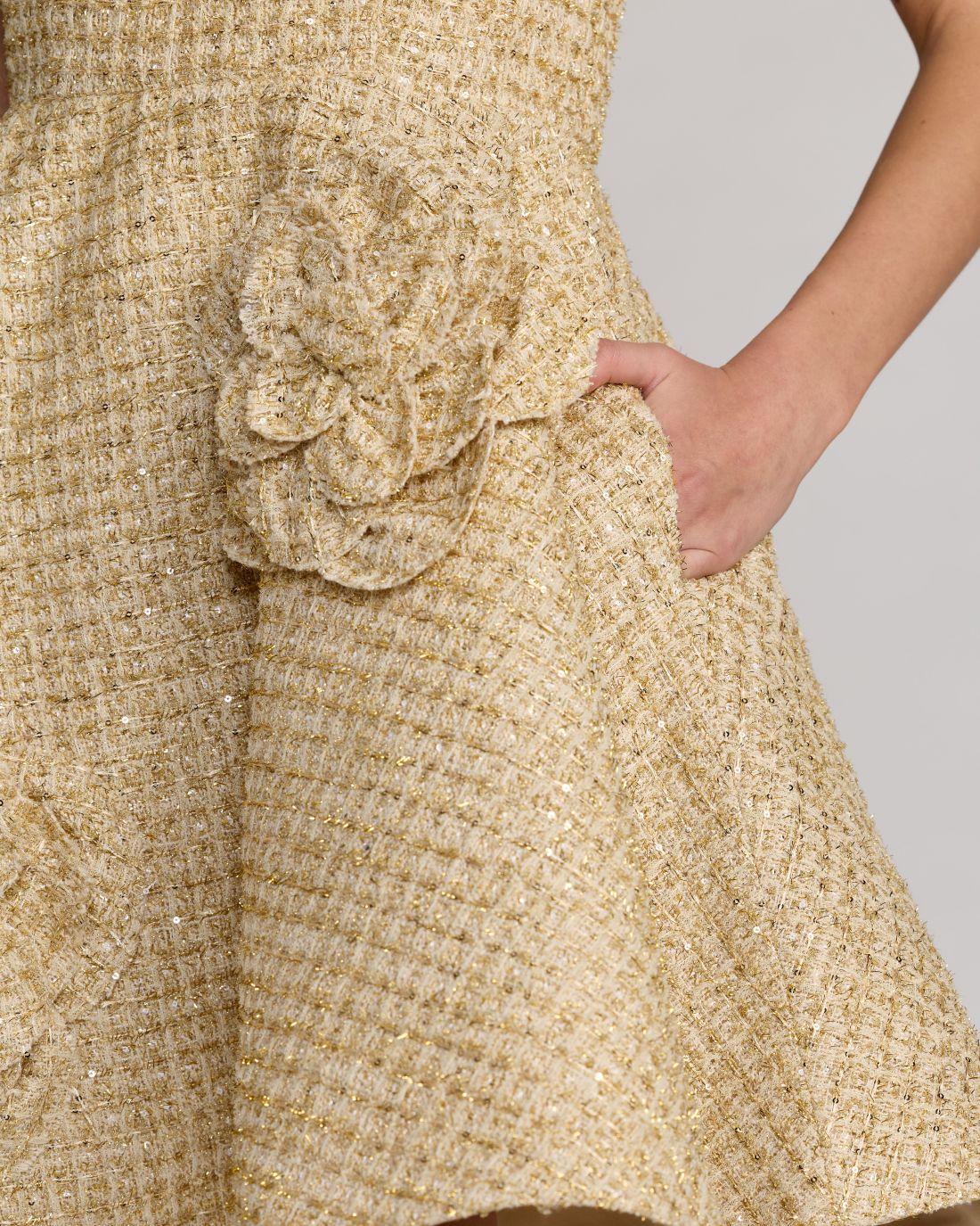 Gold Boucle Floral Applique Mini Dress With Pockets Ieena for Mac Duggal