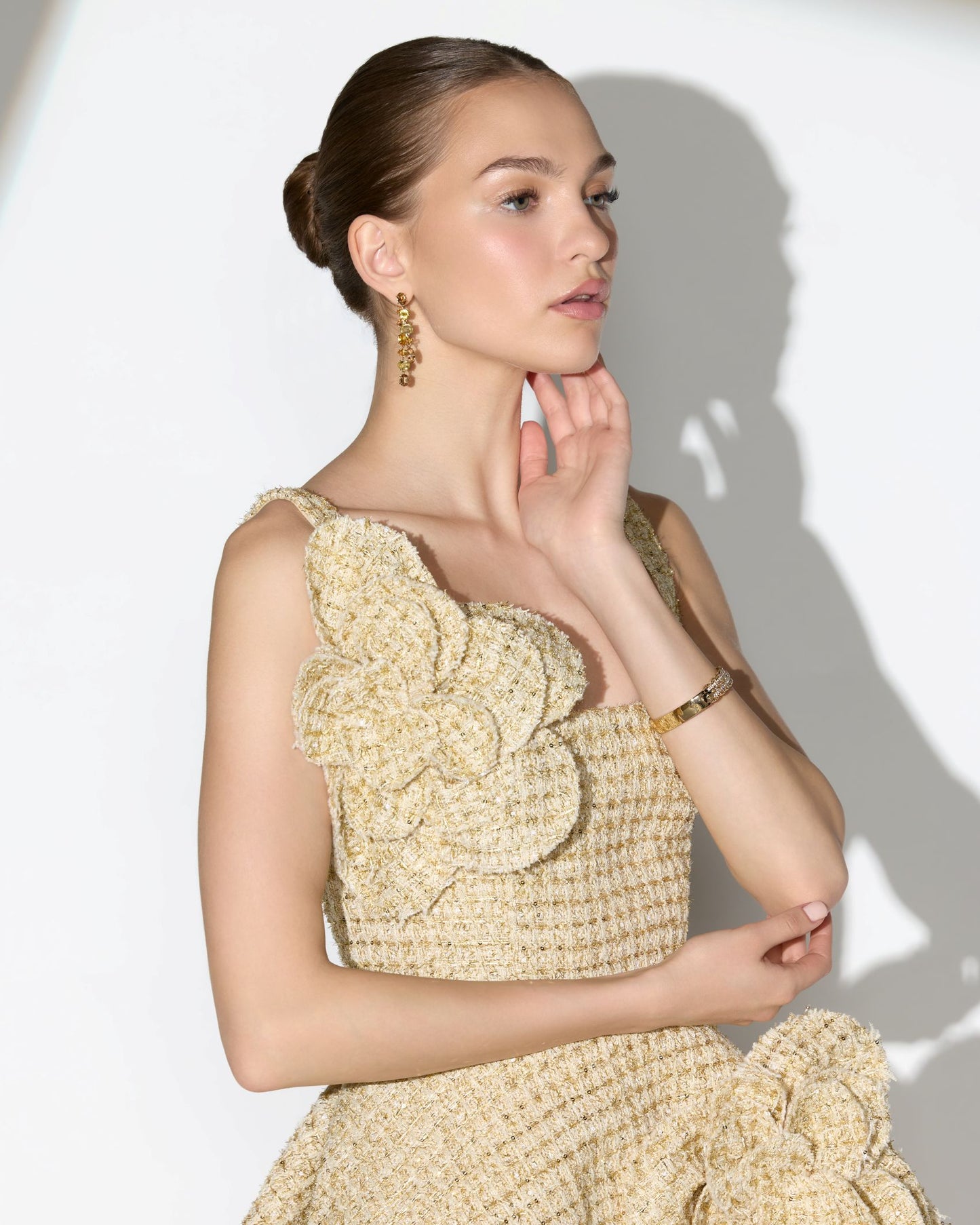 Gold Boucle Floral Applique Mini Dress With Pockets Ieena for Mac Duggal