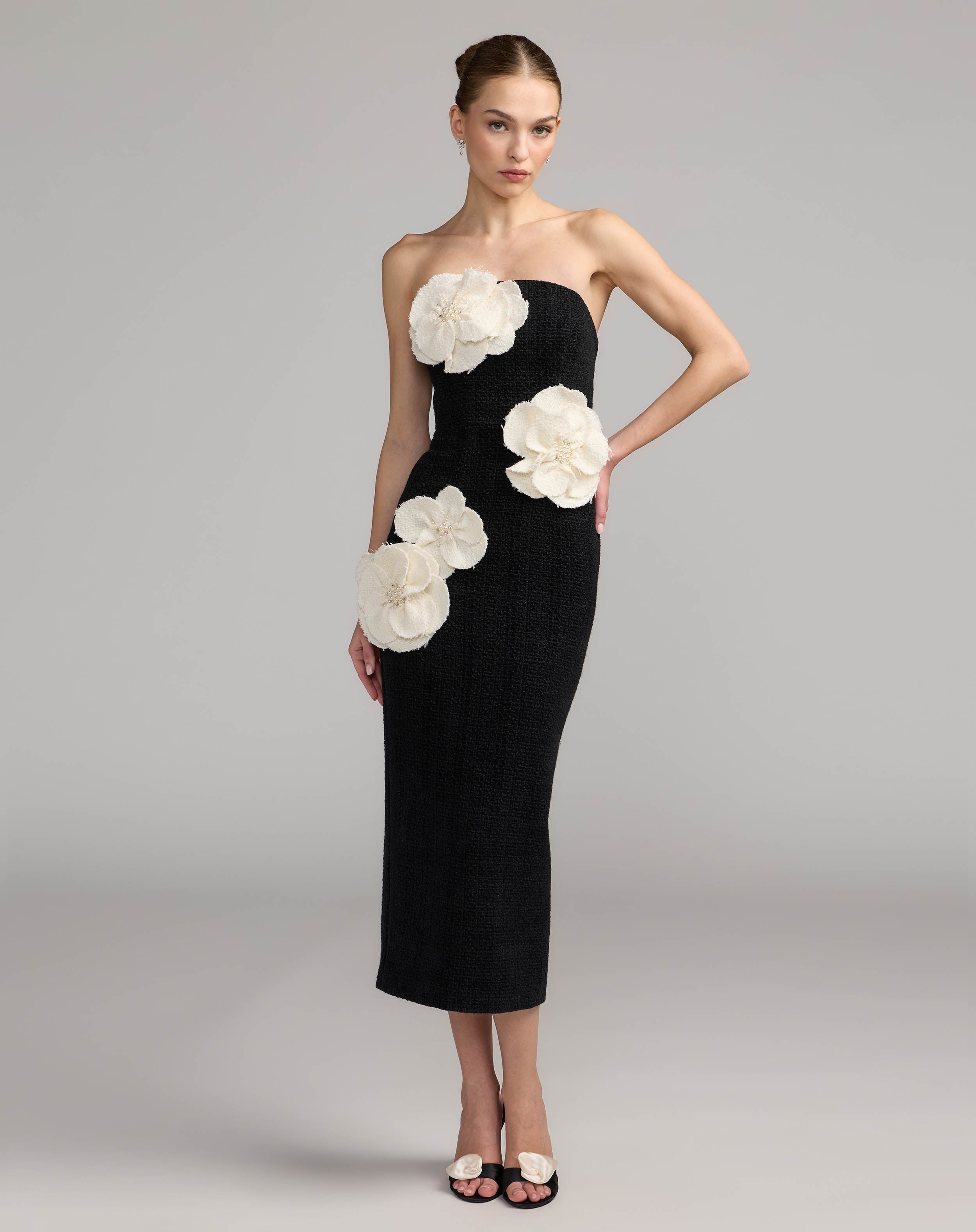 Black Boucle Strapless 3D Floral Midi Dress - Ieena for Mac Duggal