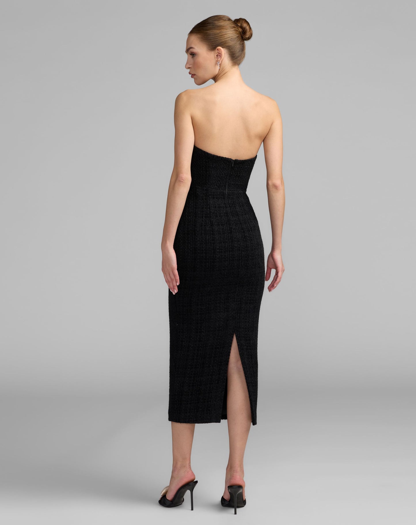 Black Boucle Strapless 3D Floral Midi Dress - Ieena for Mac Duggal