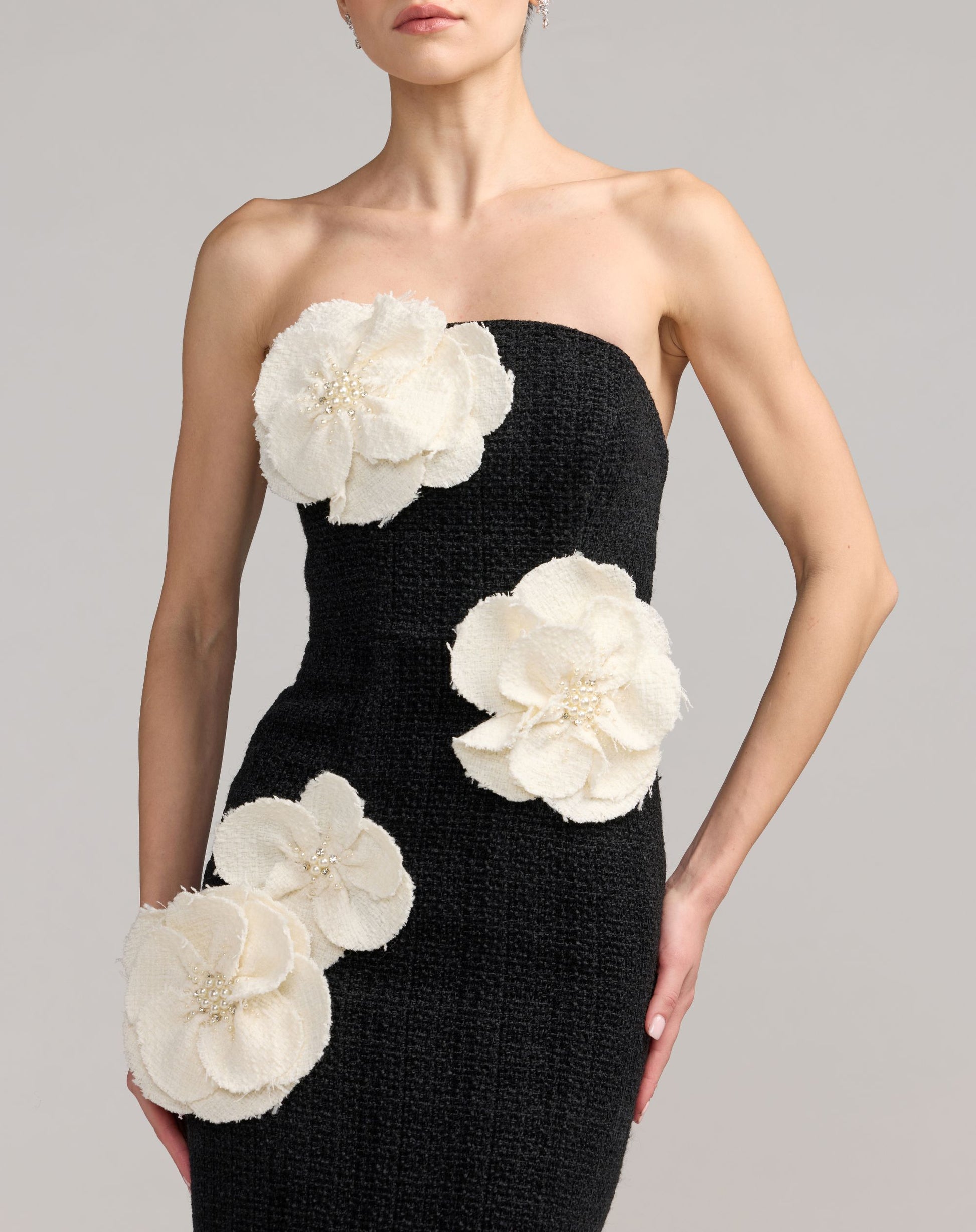 Black Boucle Strapless 3D Floral Midi Dress - Ieena for Mac Duggal