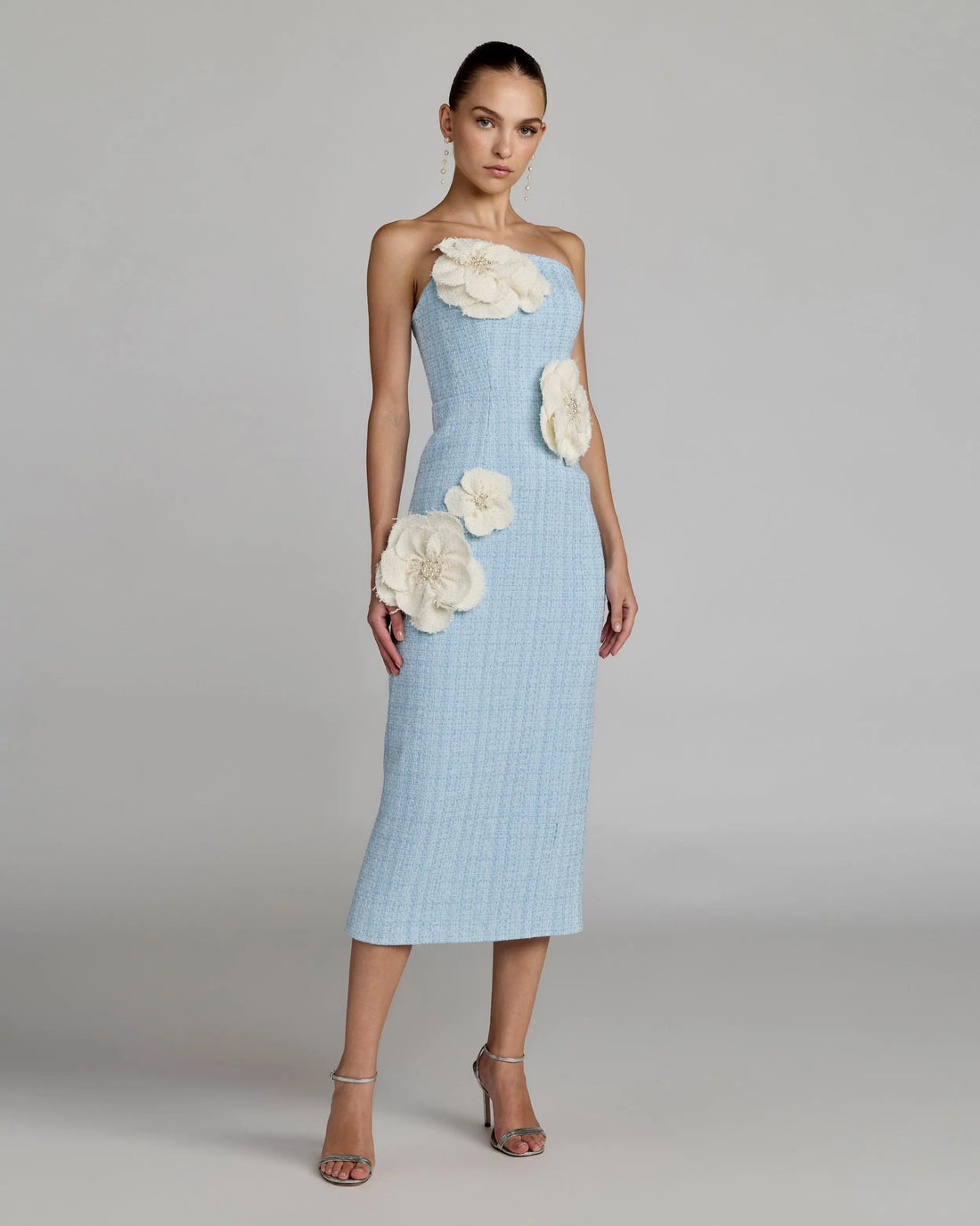 Blue Boucle Strapless 3D Floral Midi Dress | Mac Duggal Blue Boucle Strapless 3D Floral Midi Dress | Mac Duggal