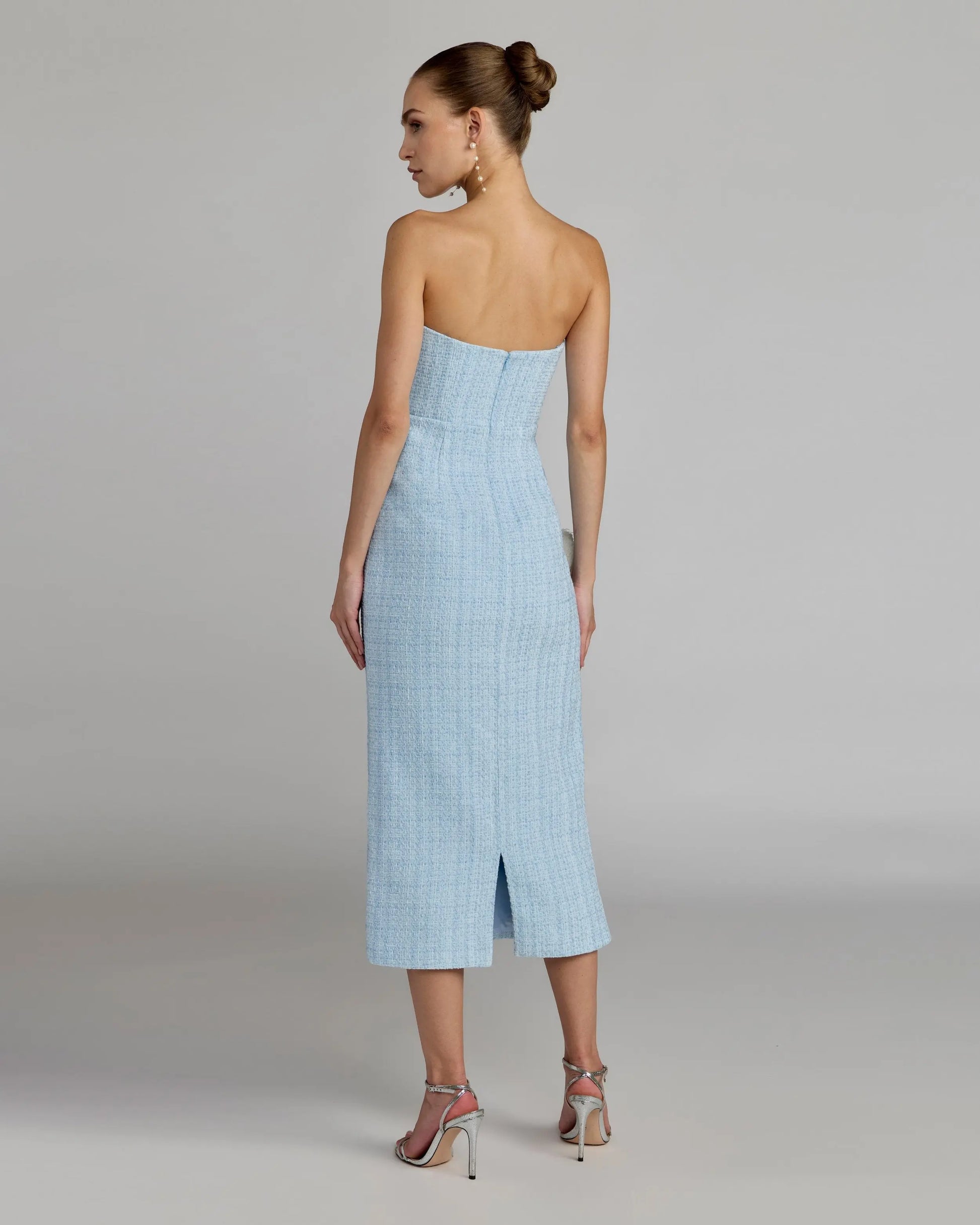 Blue Boucle Strapless 3D Floral Midi Dress | Mac Duggal Blue Boucle Strapless 3D Floral Midi Dress | Mac Duggal