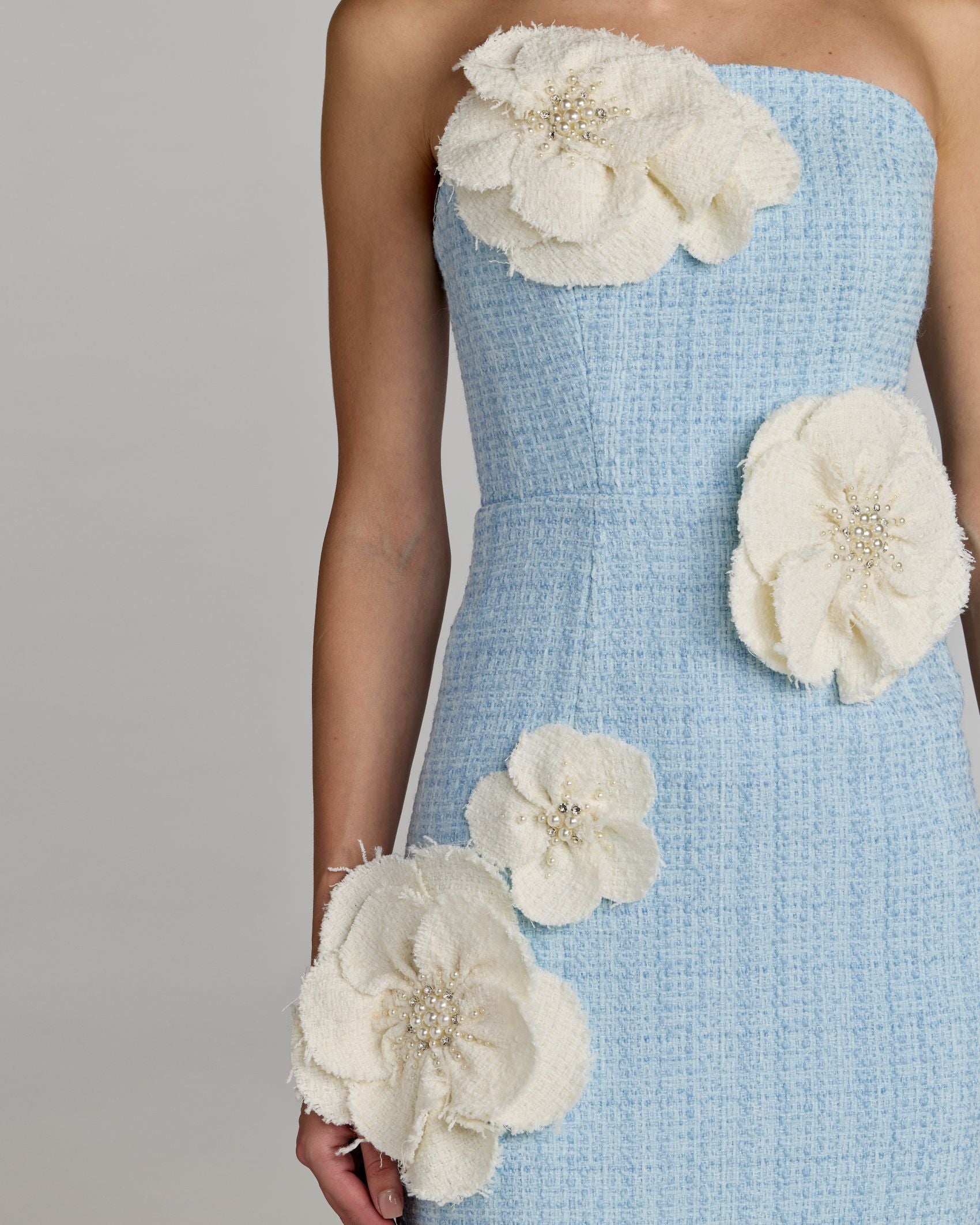 Blue Bouclé Strapless 3D Floral Midi Dress Ieena for Mac Duggal