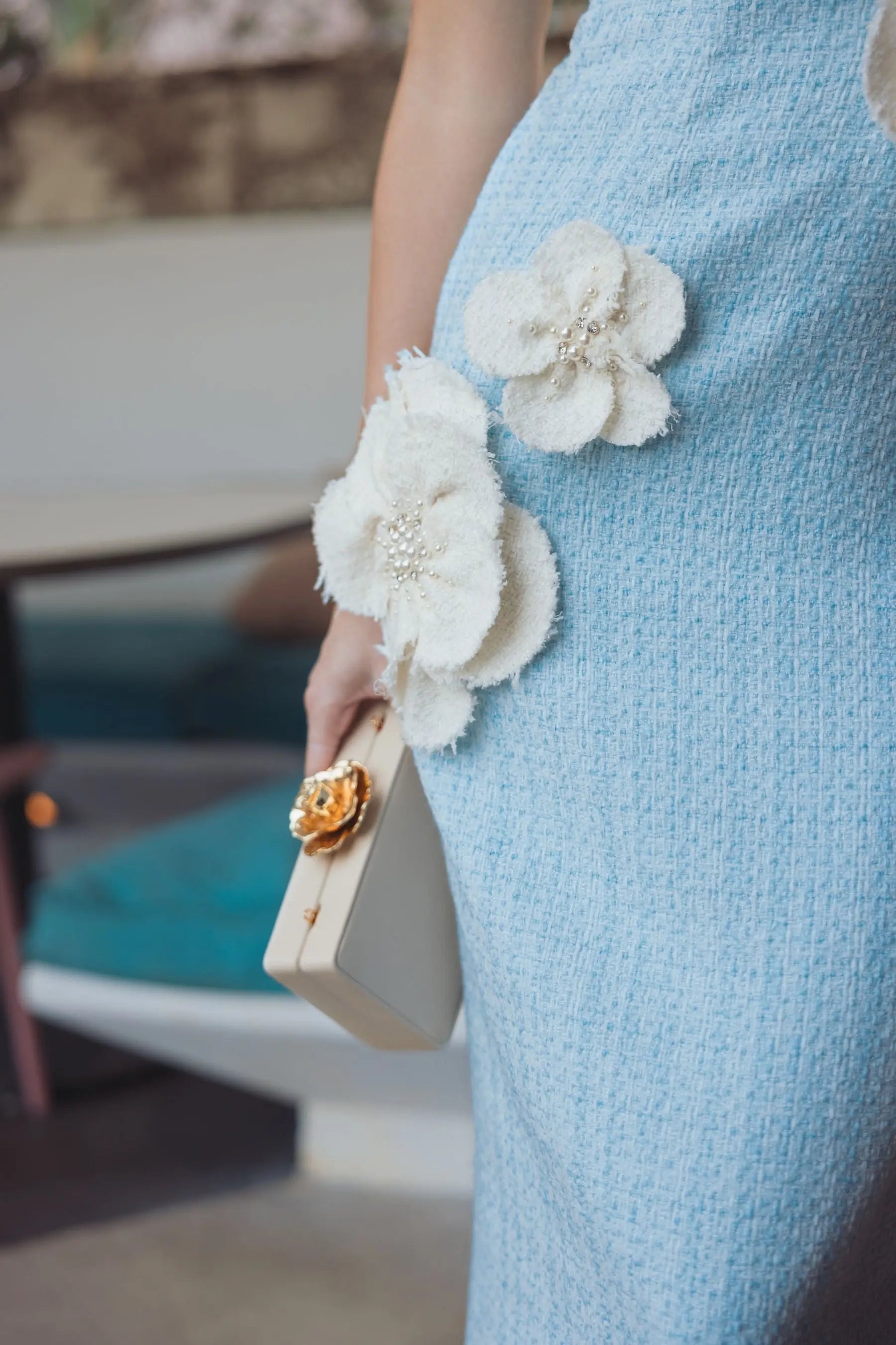 Blue Bouclé Strapless 3D Floral Midi Dress Ieena for Mac Duggal