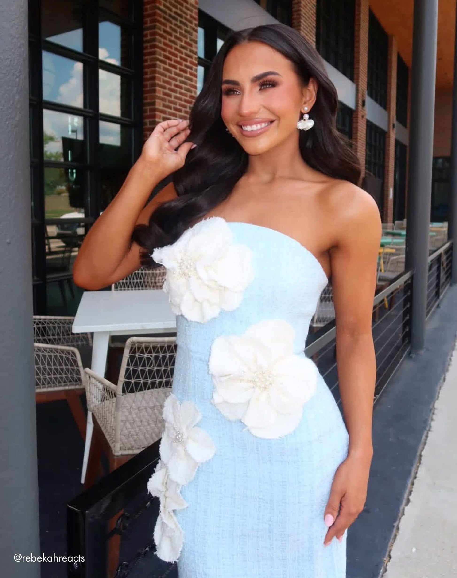 Blue Bouclé Strapless 3D Floral Midi Dress - Ieena for Mac Duggal