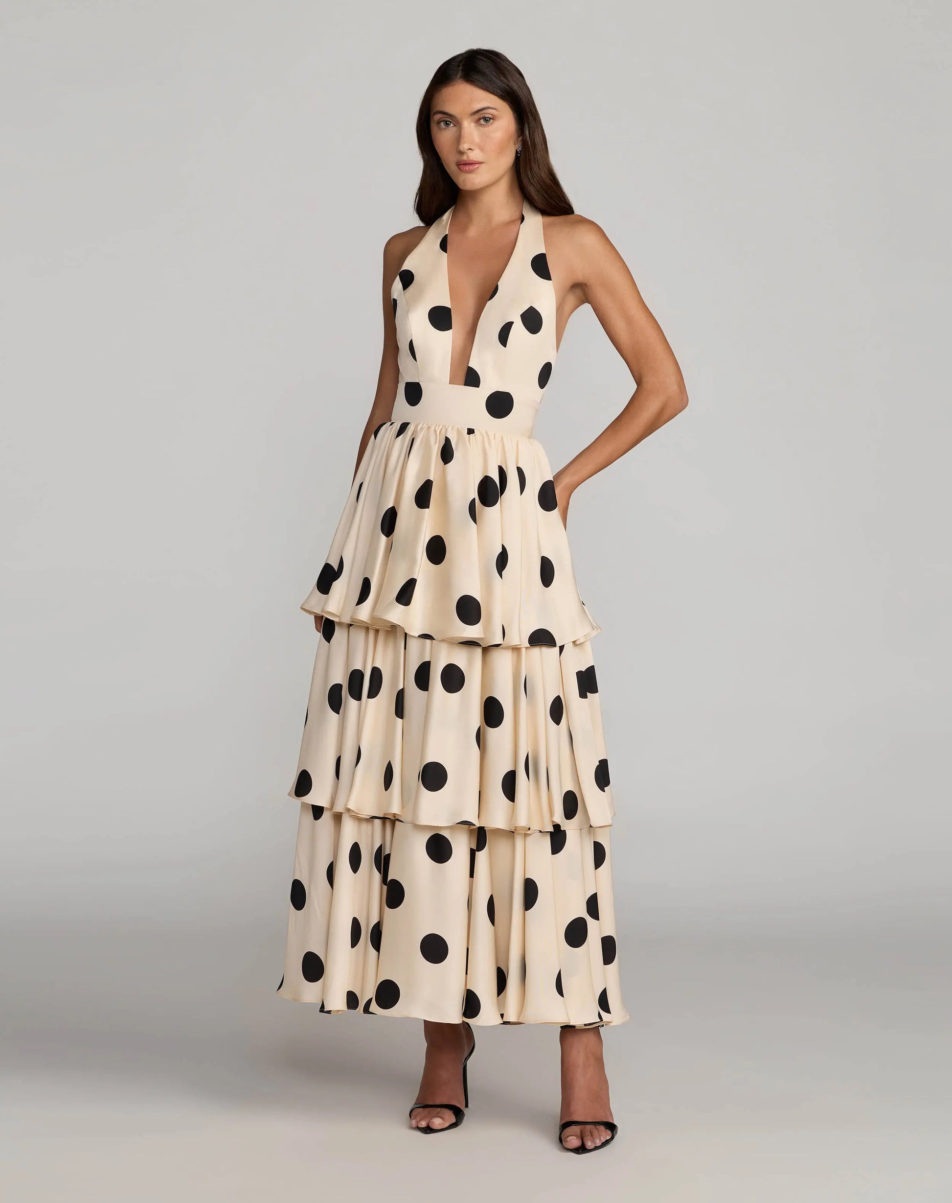 Mac Duggal Polka Dot Ruffle Maxi Dress - Black Ivory Mac Duggal Polka Dot Ruffle Maxi Dress - Black Ivory