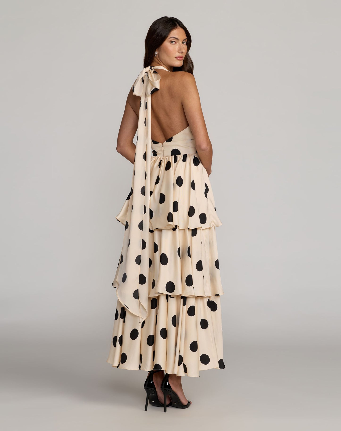 Beige Halter Neck Polka Dot Ruffle Maxi Dress - Ieena for Mac Duggal