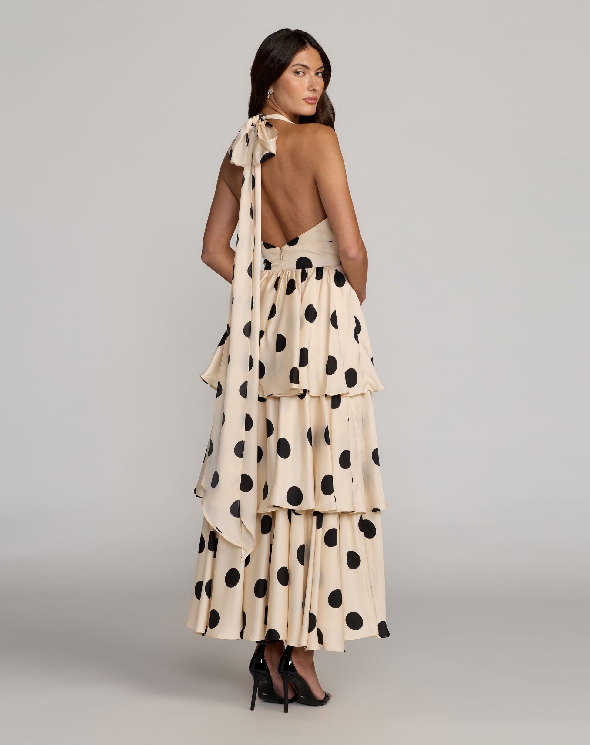 Beige Halter Neck Polka Dot Ruffle Maxi Dress - Ieena for Mac Duggal