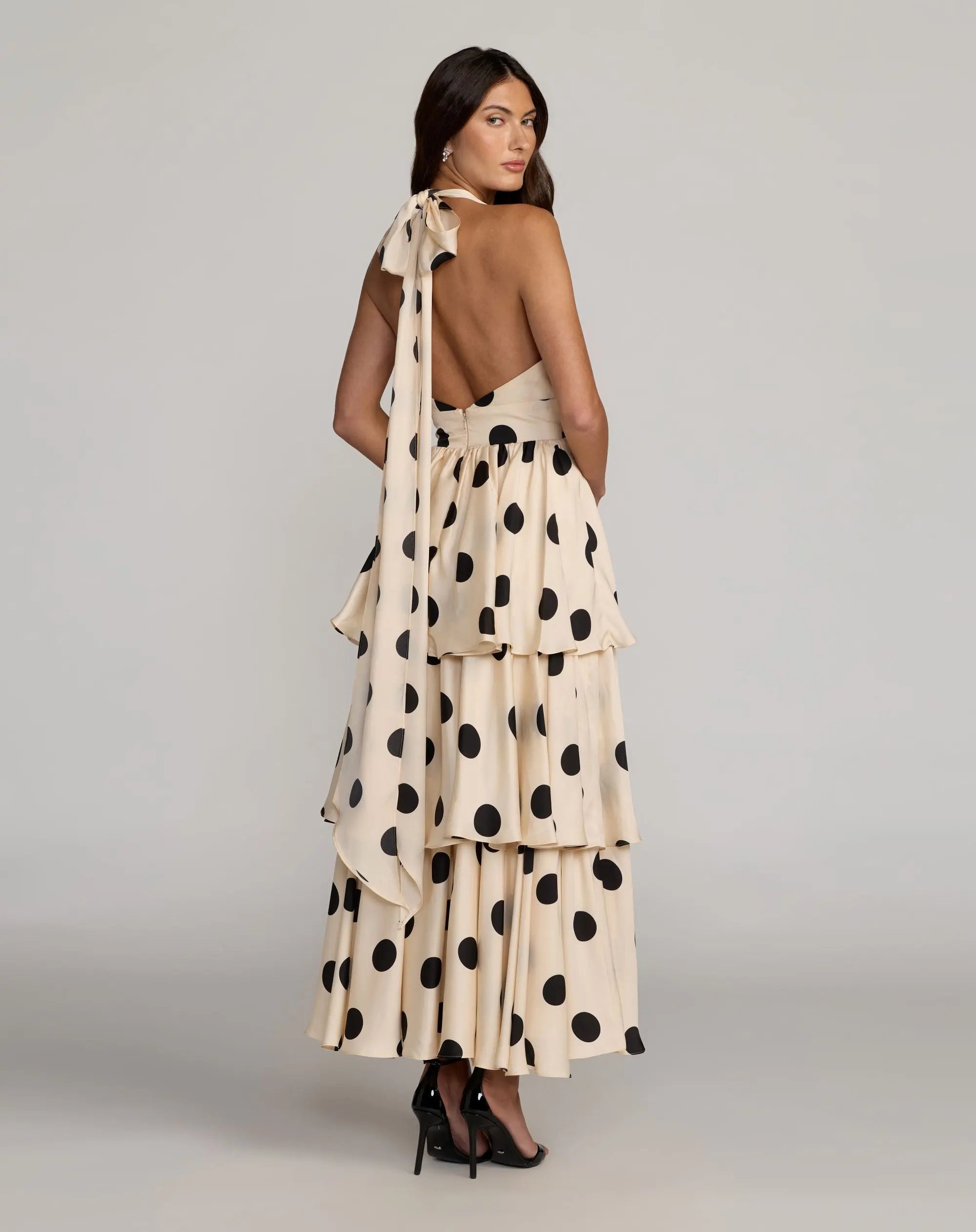 Beige Halter Neck Polka Dot Ruffle Maxi Dress - Ieena for Mac Duggal