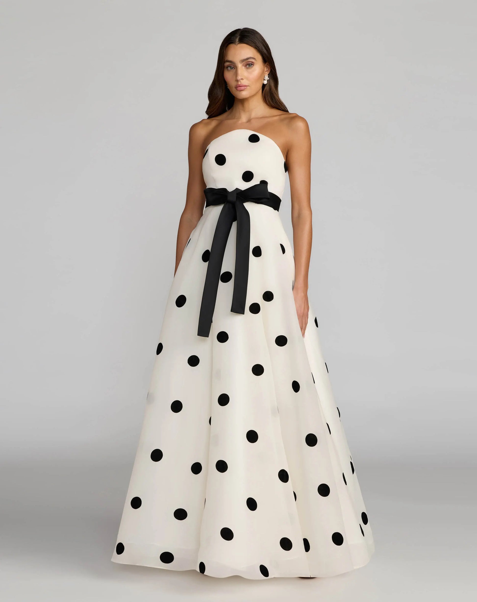 White Strapless Polka Dot Organza Gown With Satin Bow | Mac Duggal White Strapless Polka Dot Organza Gown With Satin Bow | Mac Duggal