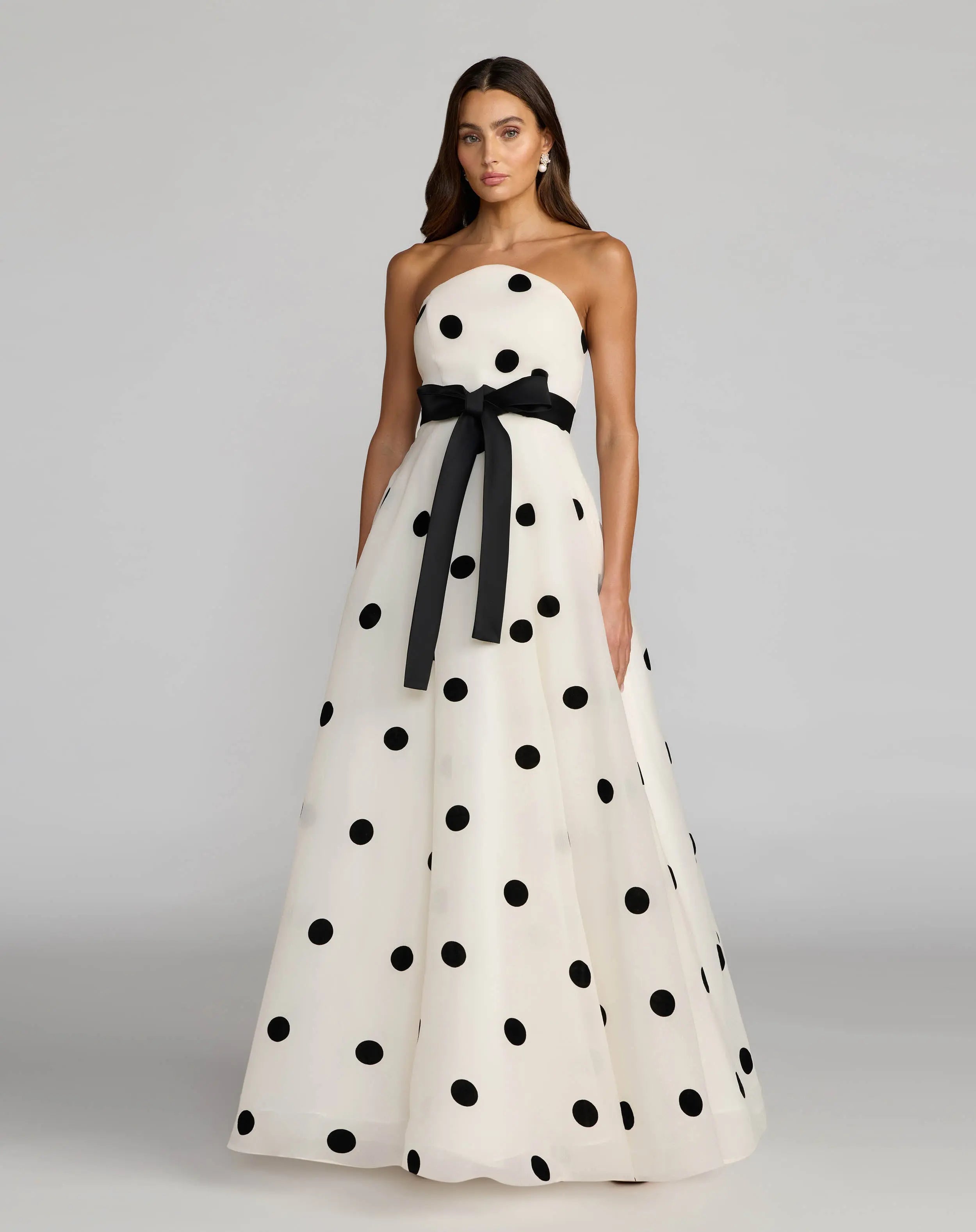 White Strapless Polka Dot Organza Gown With Satin Bow - Ieena for Mac Duggal