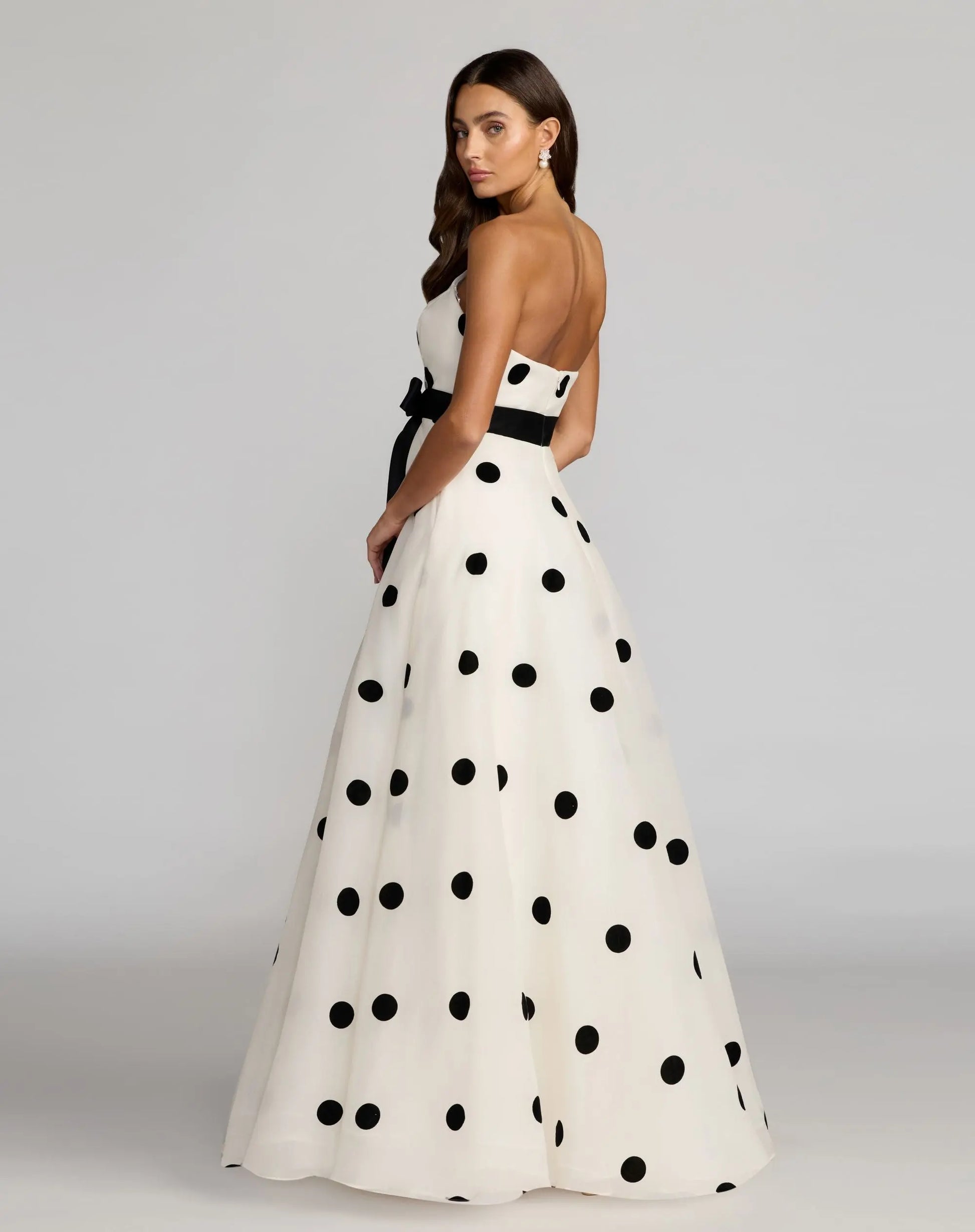 White Strapless Polka Dot Organza Gown With Satin Bow | Mac Duggal White Strapless Polka Dot Organza Gown With Satin Bow | Mac Duggal