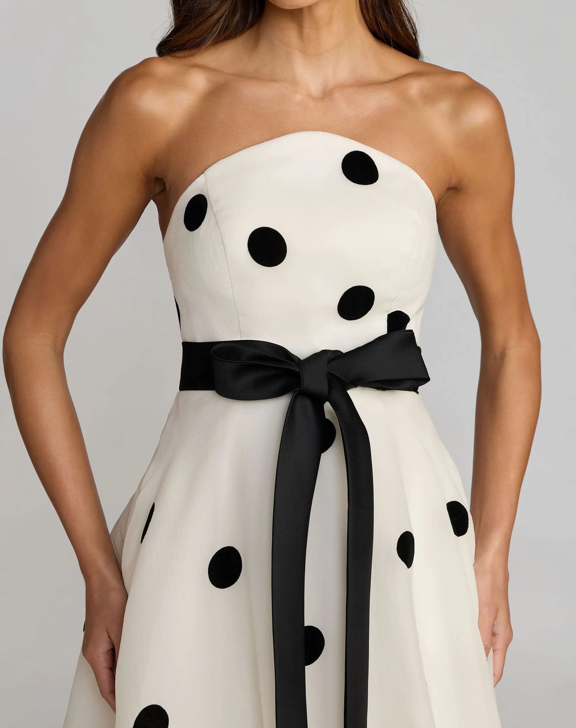 White Strapless Polka Dot Organza Gown With Satin Bow | Mac Duggal White Strapless Polka Dot Organza Gown With Satin Bow | Mac Duggal