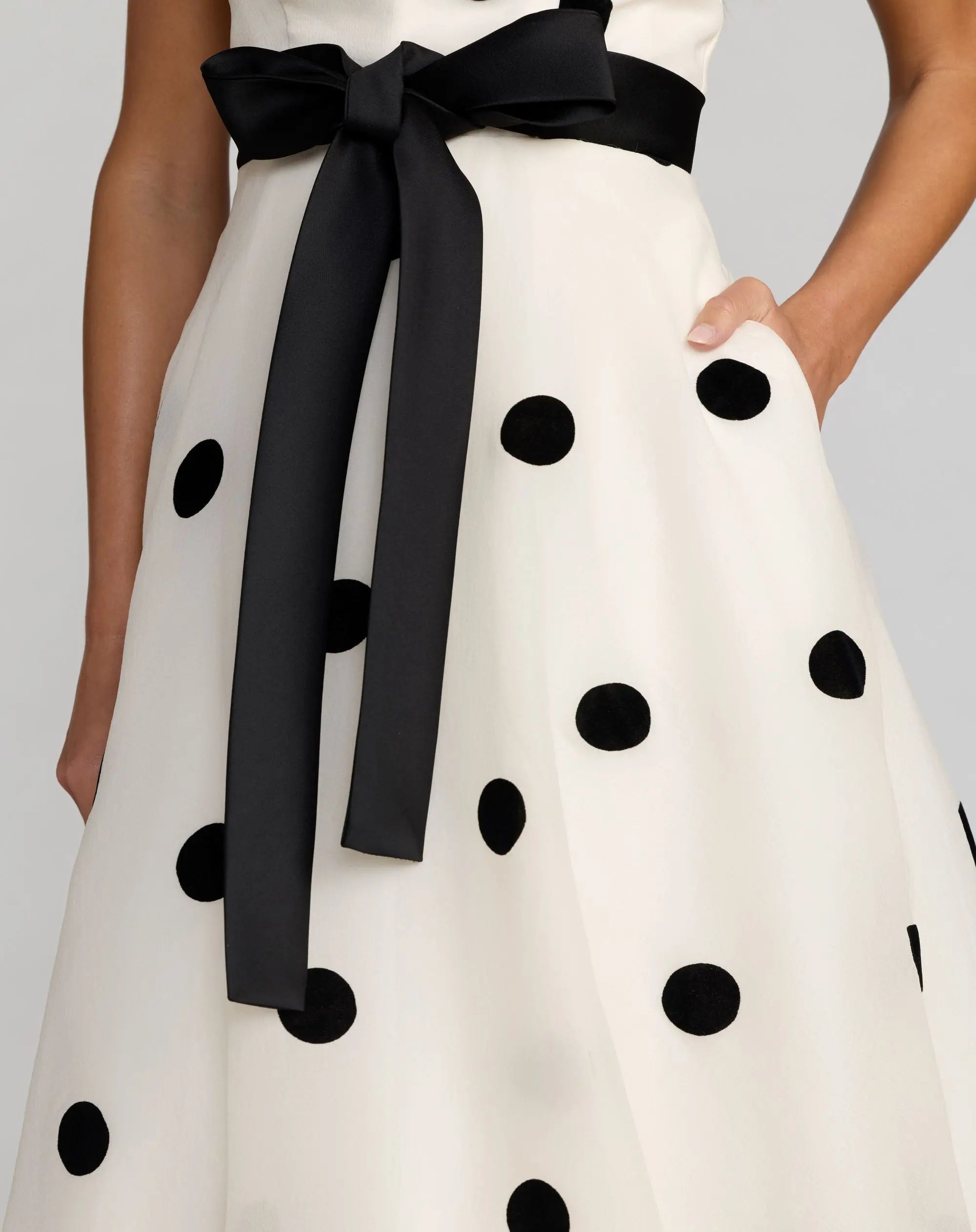 White Strapless Polka Dot Organza Gown With Satin Bow - Ieena for Mac Duggal