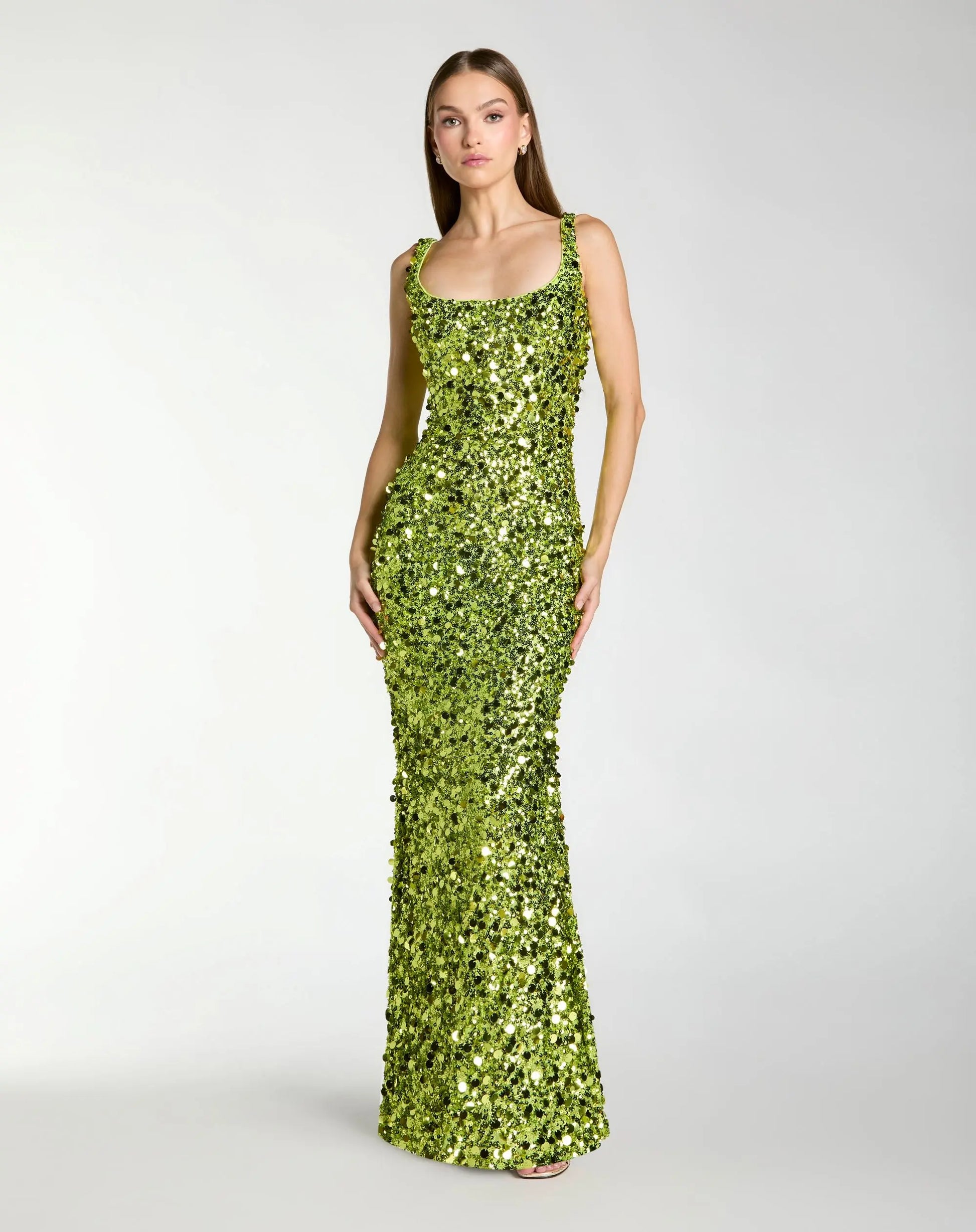 Green Sleeveless Paillette Sequin Column Gown | Mac Duggal Green Sleeveless Paillette Sequin Column Gown | Mac Duggal