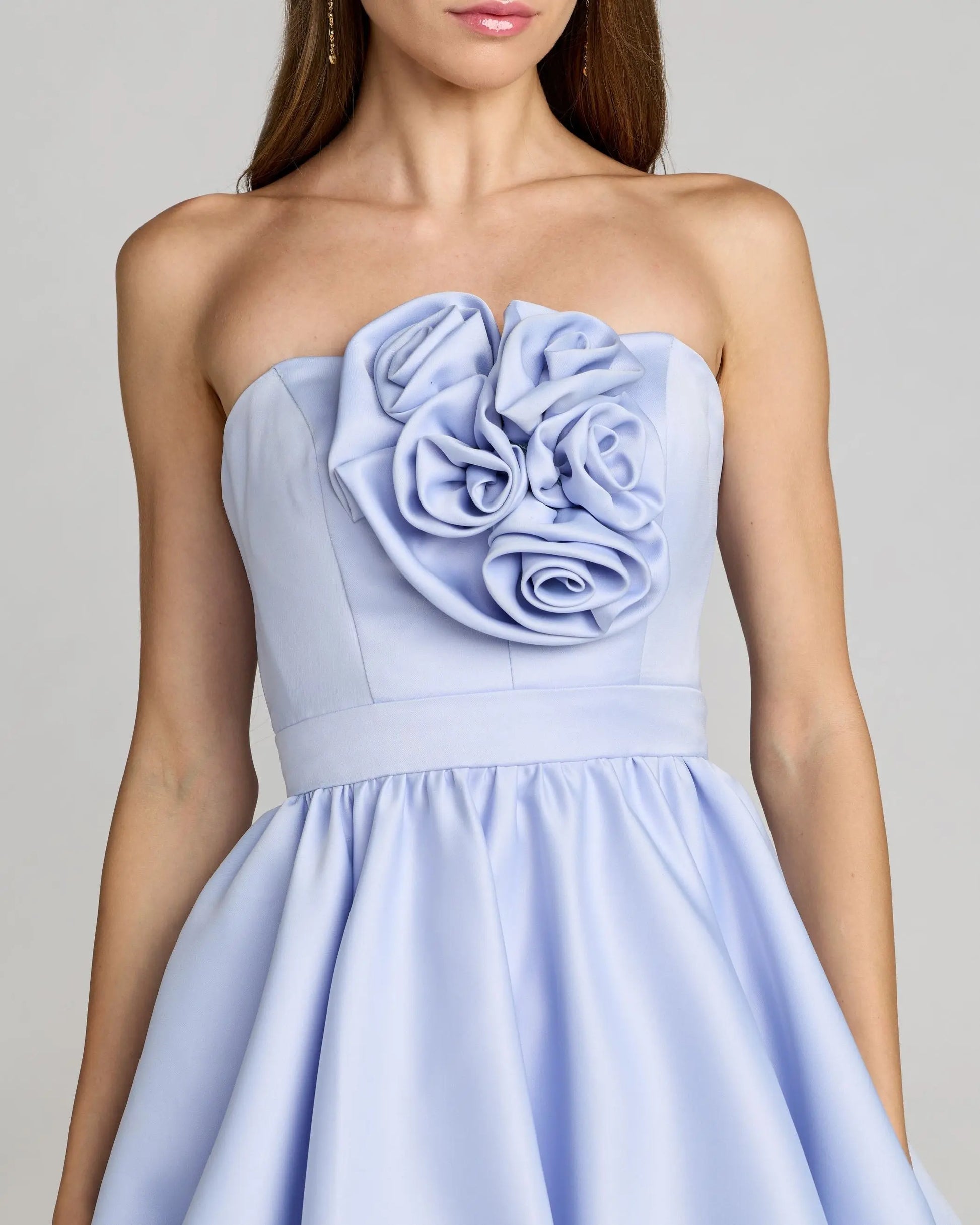 Blue Strapless Bubble Hem Mini Dress | Mac Duggal Blue Strapless Bubble Hem Mini Dress | Mac Duggal